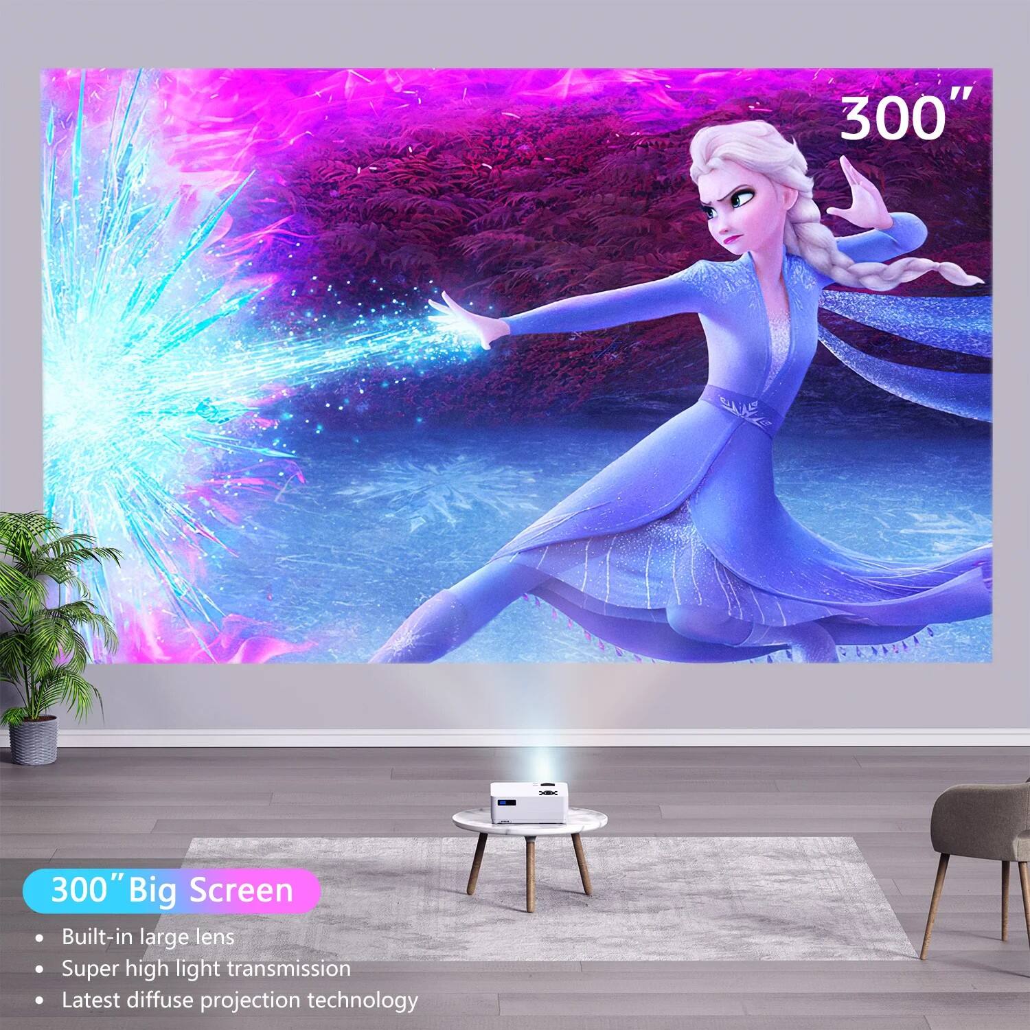 300" Big Screen  
- Built-in large lens  
- Super high light transmission  
- Latest diffuse projection technology