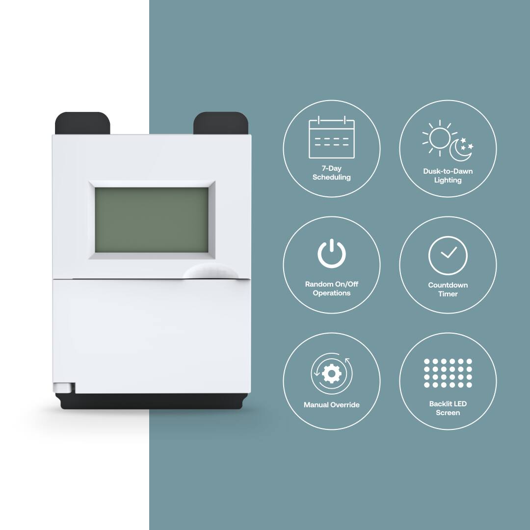- 7-Day Scheduling
- Dusk-to-Dawn Lighting
- Random On/Off Operations
- Countdown Timer
- Manual Override
- Backlit LED Screen