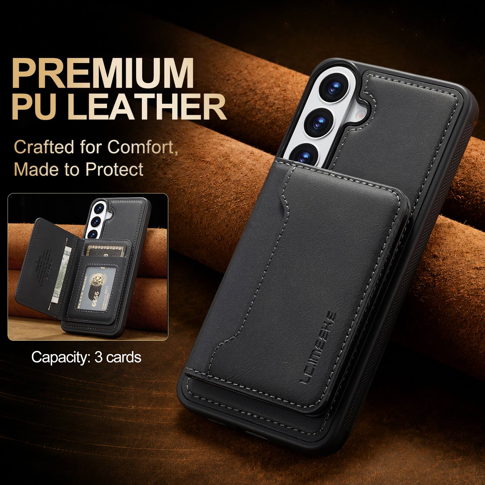PREMIUM PU LEATHER  
Crafted for Comfort, Made to Protect  

Capacity: 3 cards  

LC.IMEEKE