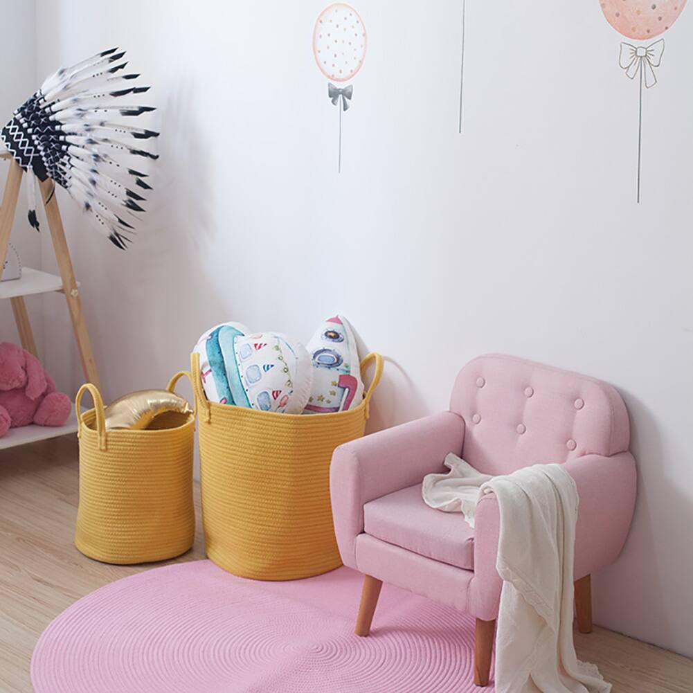 Left. SlickBlue - Large Cotton Rope Woven Storage Basket with Handles for Blankets and Toys - Yellow.