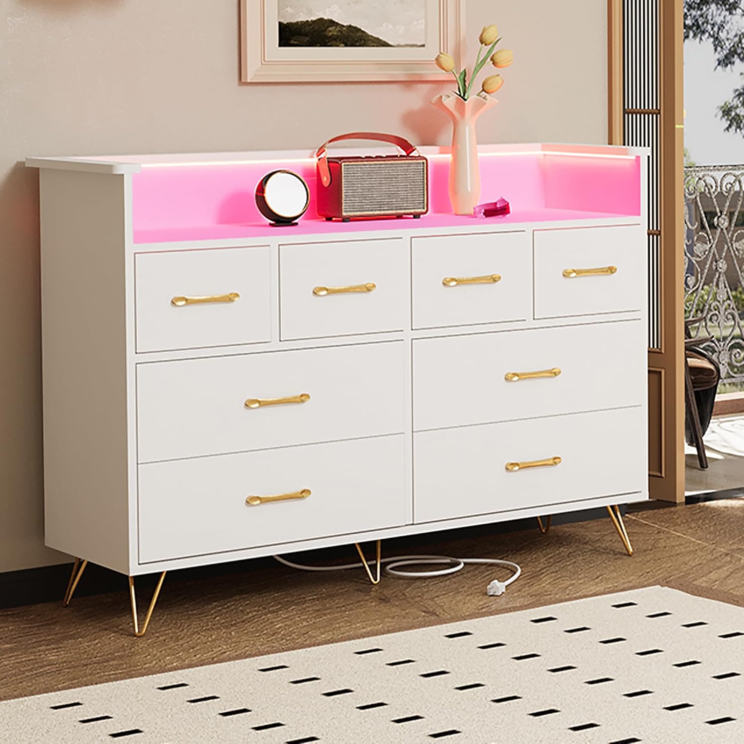 Left. GARVEE - 8 Drawer Modern Dresser, Wide Storage Chest for Bedroom, Gaming Setup or Makeup Vanity, White - White.