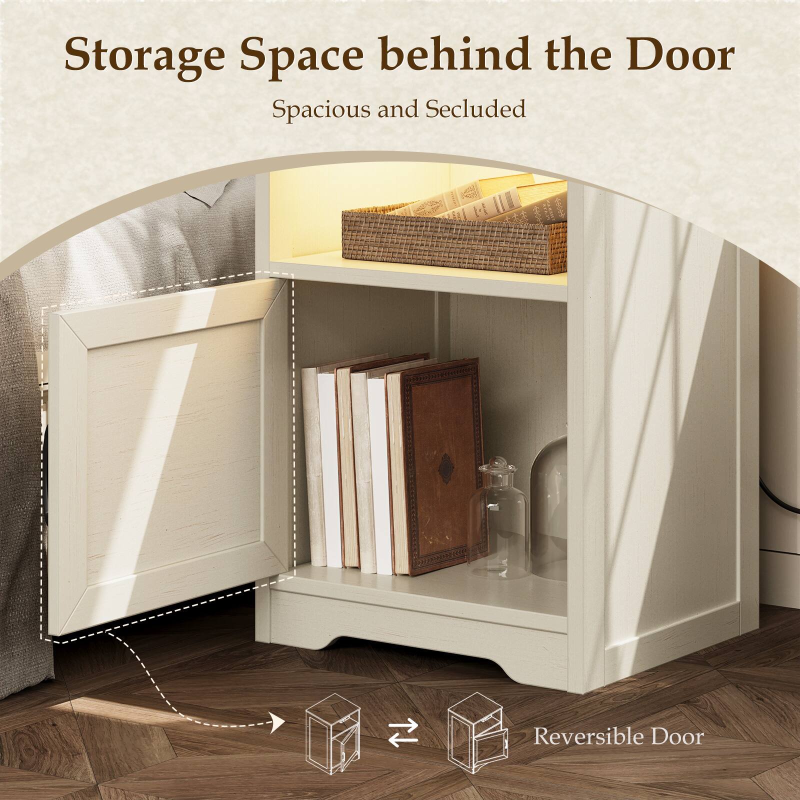 Storage Space behind the Door  
Spacious and Secluded  
Reversible Door