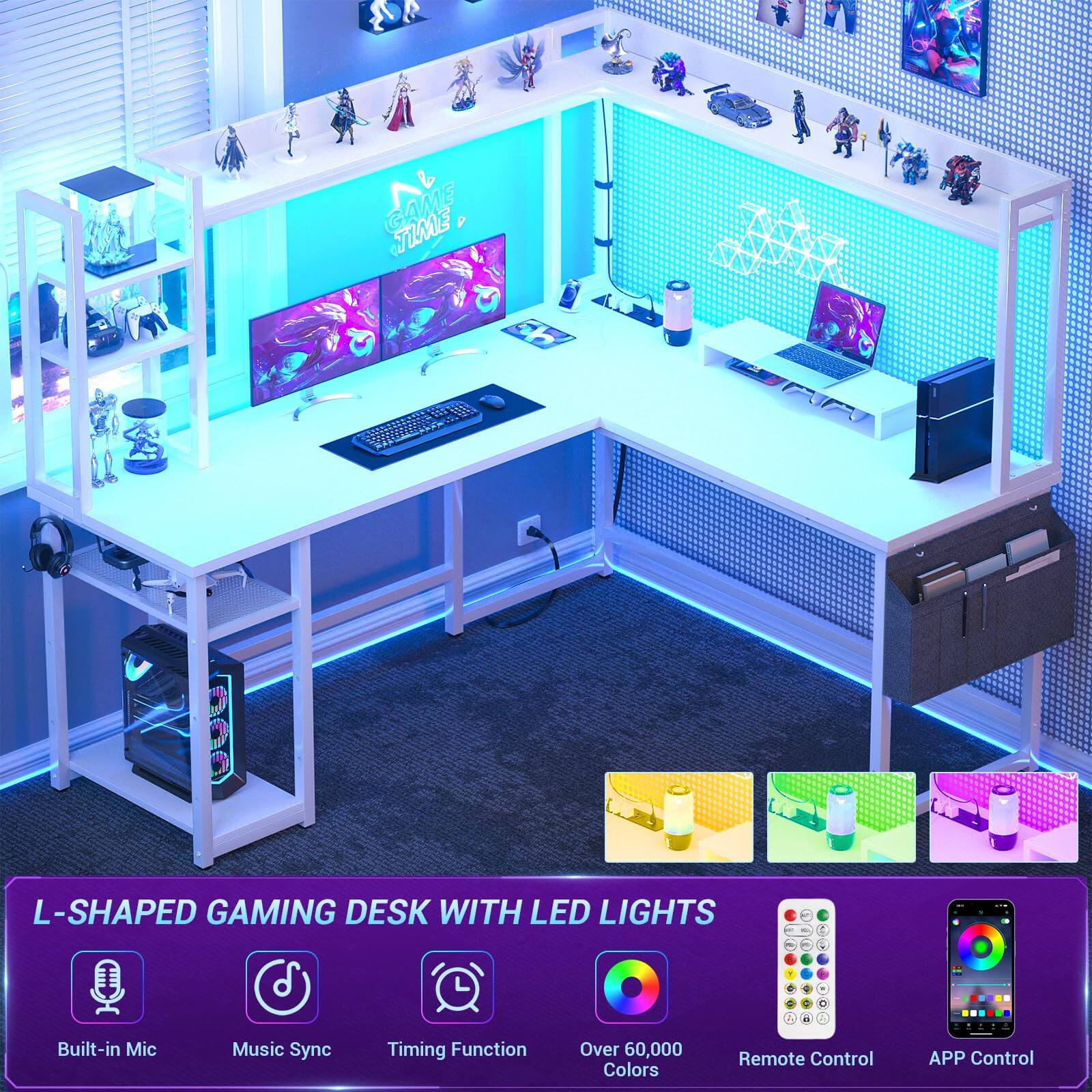 Aheaplus - Gaming L-Desk With Power Outlets, LED Lights & Storage - Reversible Home Office Desk With Monitor Stand - White price history on PriceWatchPro