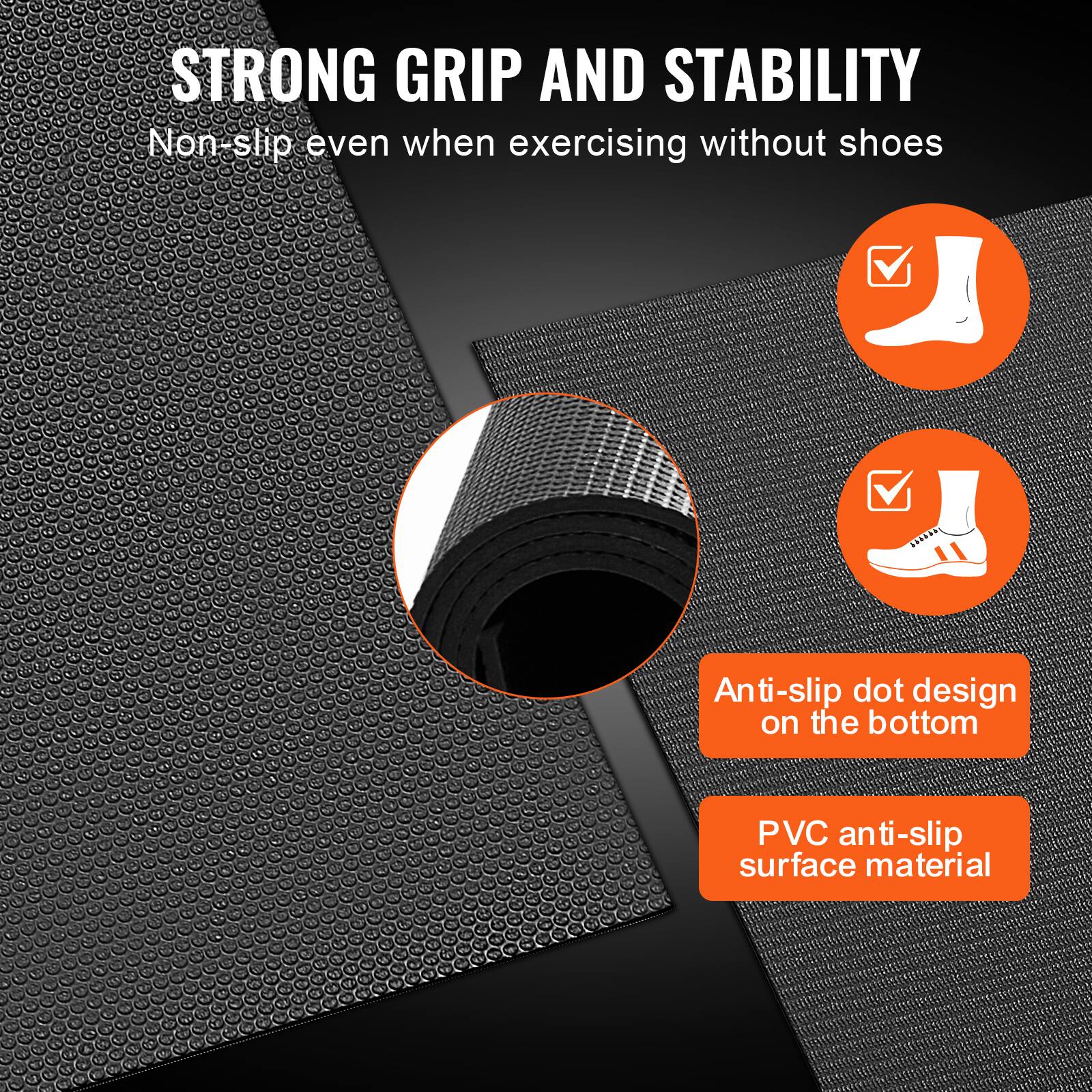 STRONG GRIP AND STABILITY  
Non-slip even when exercising without shoes  

- Anti-slip dot design on the bottom  
- PVC anti-slip surface material