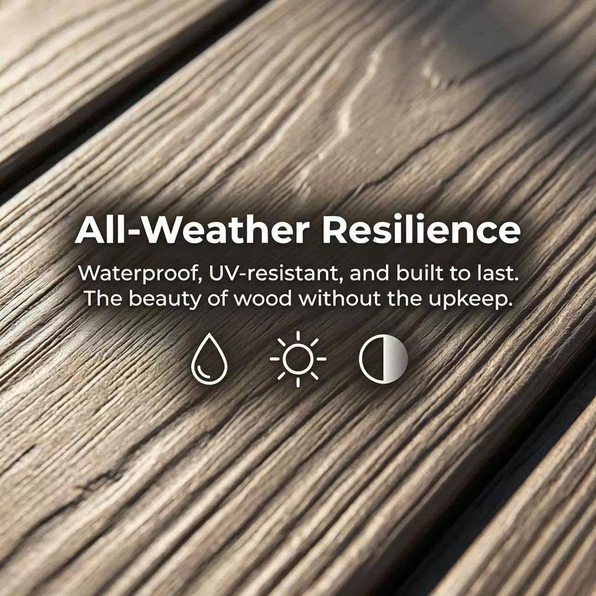 All-Weather Resilience  
Waterproof, UV-resistant, and built to last.  
The beauty of wood without the upkeep.