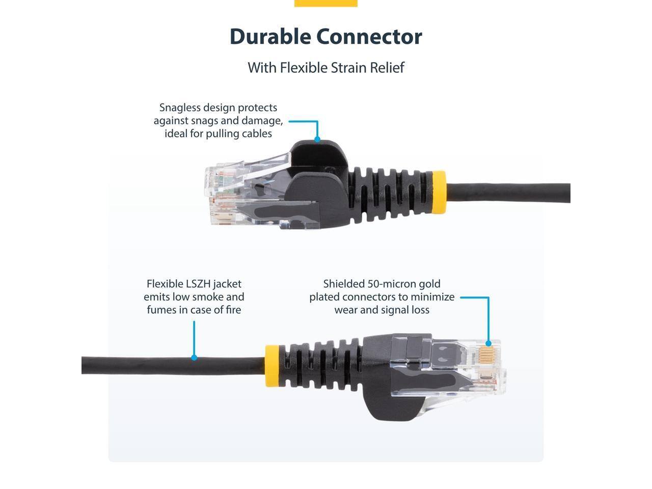 Durable Connector With Flexible Strain Relief

Snagless design protects against snags and damage, ideal for pulling cables

Flexible LSZH jacket emits low smoke and fumes in case of fire

Shielded 50-micron gold plated connectors to minimize wear and signal loss