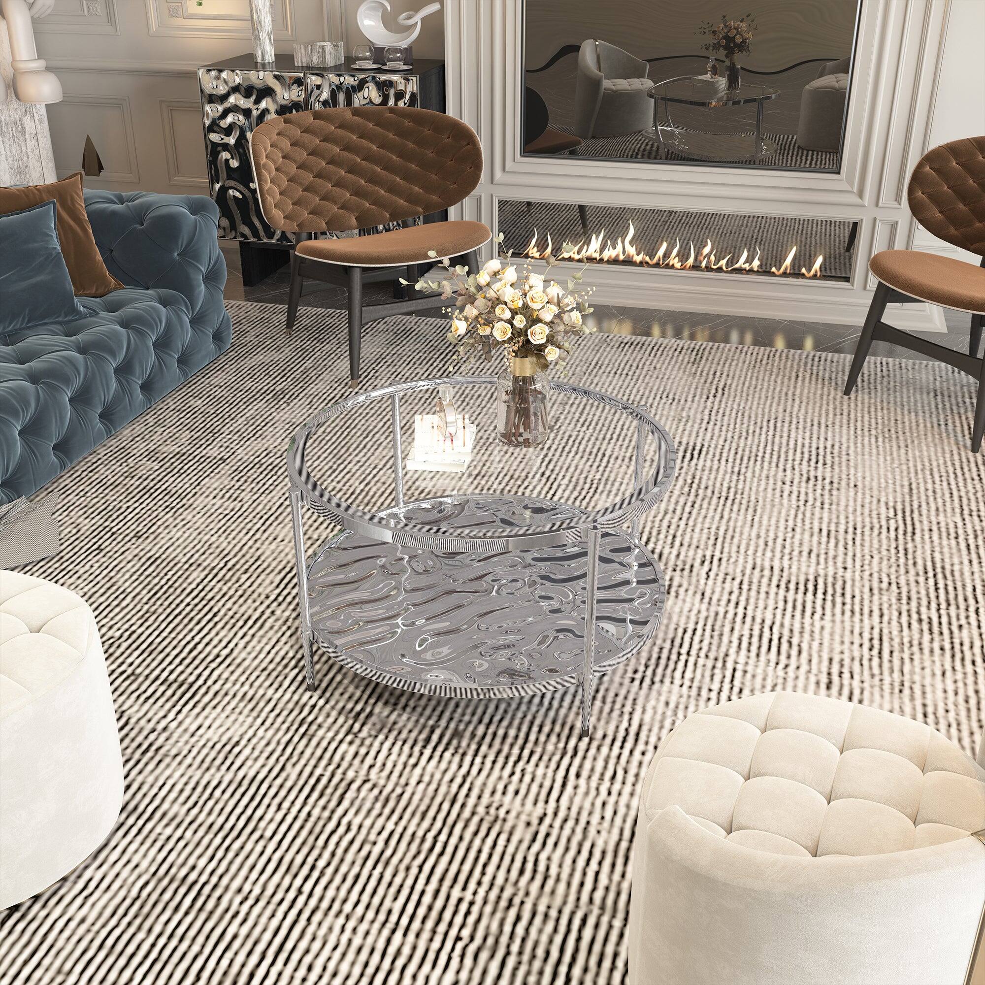 Alt View 10. Boyel Living - 31.5 Inch Stainless Steel Round Glass Coffee Table with Double Shelf Modern Living Room Furniture - Stainless Steel.