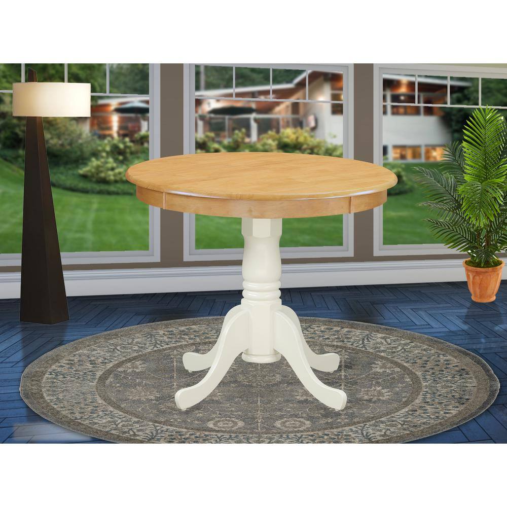 Angle. East West Furniture - East West Furniture ANT-OLW-TP Antique Kitchen Dining Round Wooden Table with Pedestal Base, Oak & Linen White - Oak & Linen White.