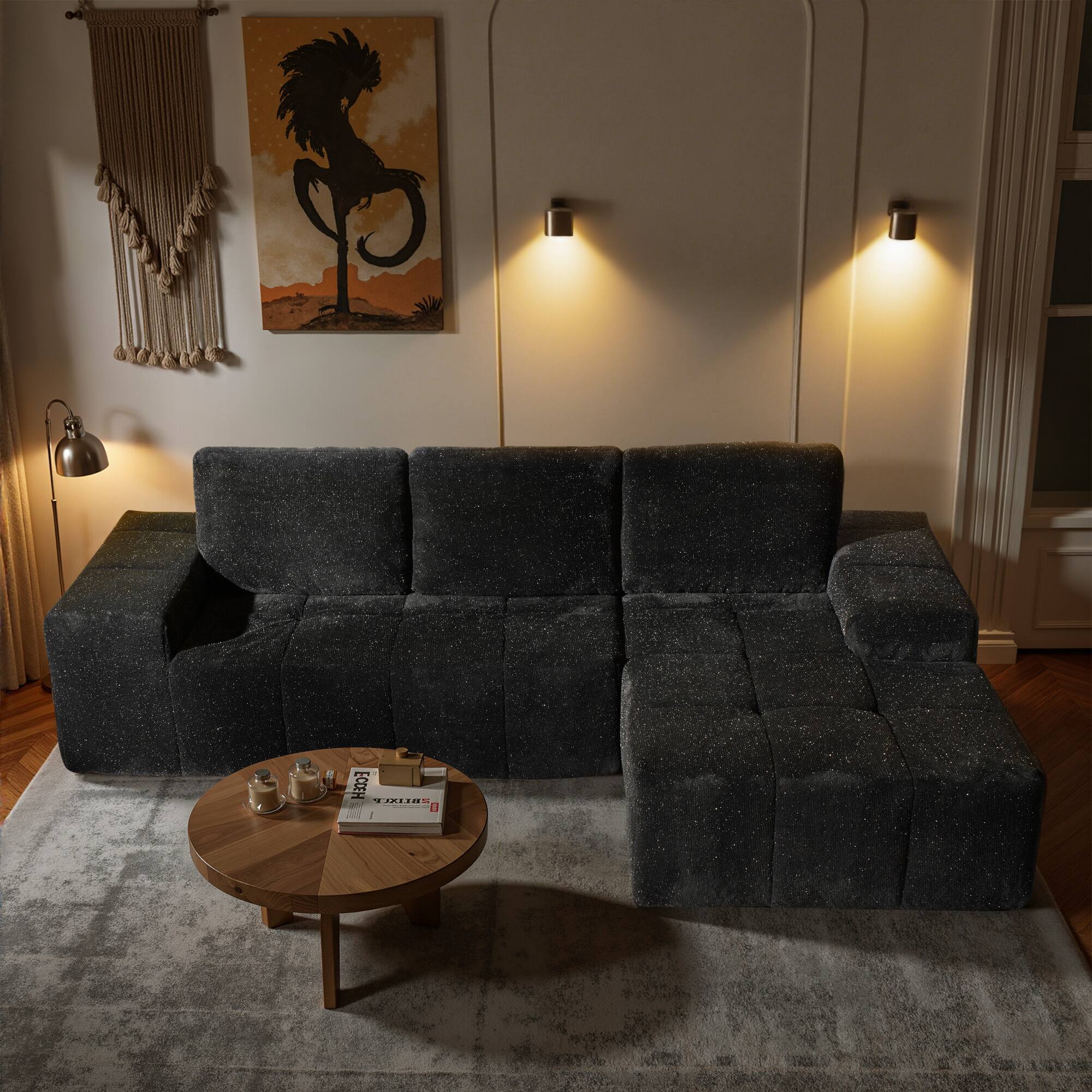 Ovios - 114" Starlight Fabric Sectional Sofa with Comfy Chaise, Boneless L-Shaped Couch for Living Room - Grey(Right Facing)