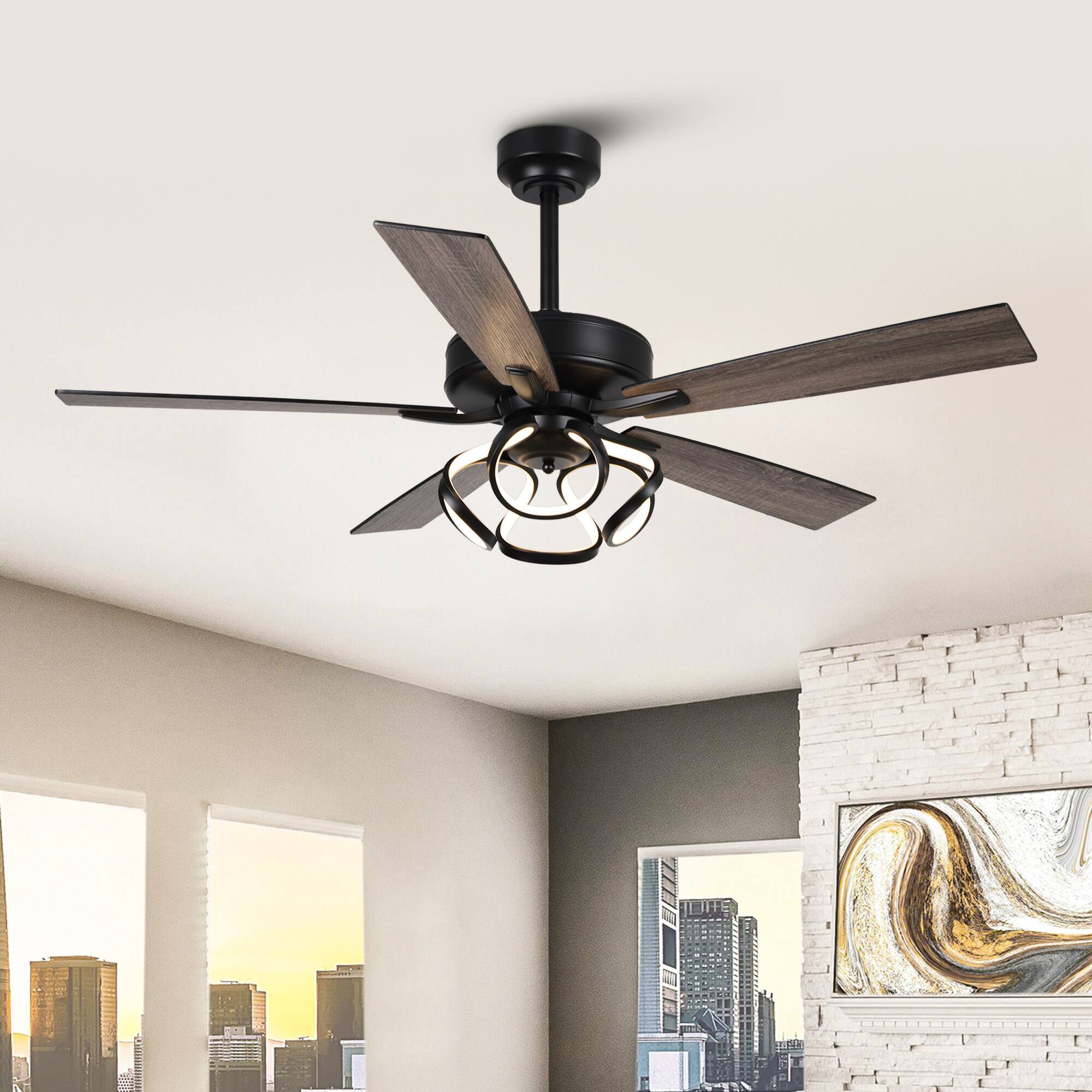 Left. Parrot Uncle - 52" Modern Black Indoor Dimmable LED Ceiling Fan with Light and Remote - Matte Black.