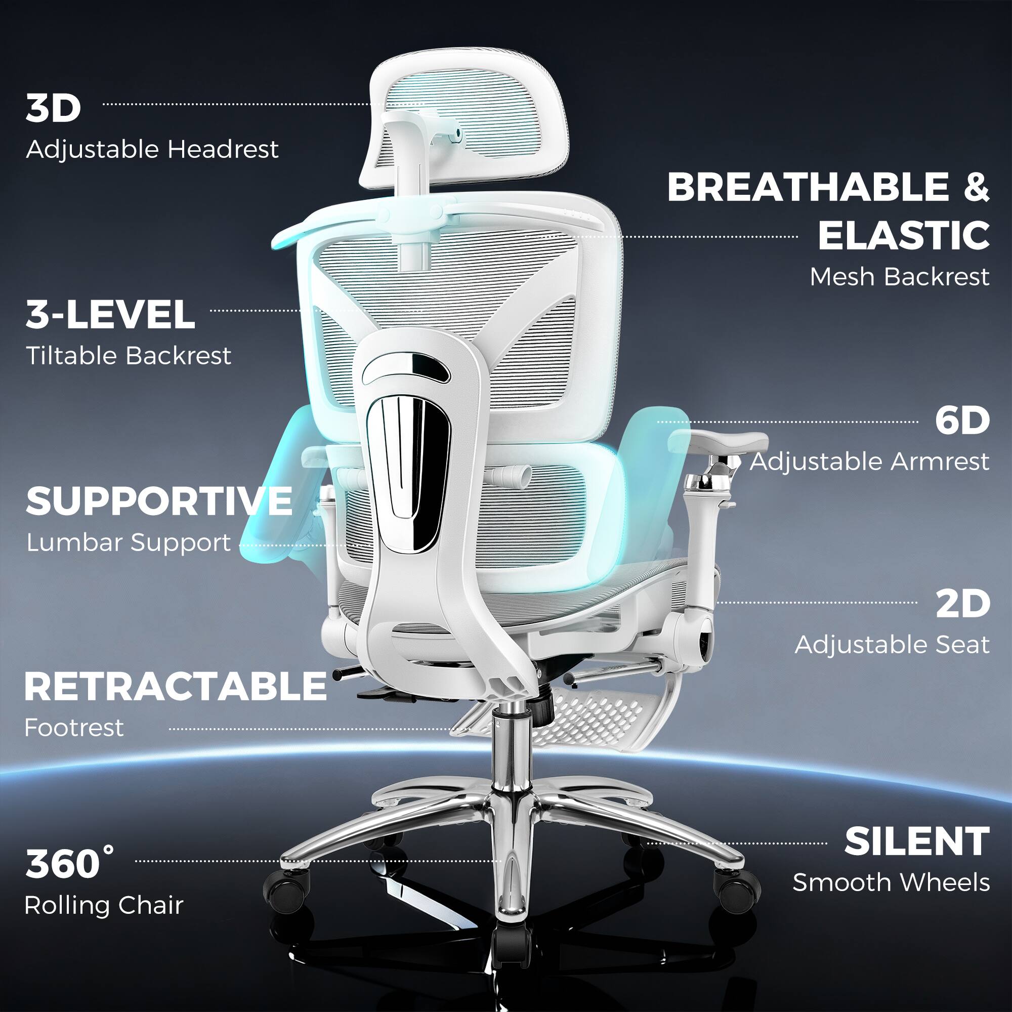 3D Adjustable Headrest  
3-Level Tiltable Backrest  
Breathable & Elastic Mesh Backrest  
Supportive Lumbar Support  
6D Adjustable Armrest  
Retractable Footrest  
2D Adjustable Seat  
360° Rolling Chair  
Silent Smooth Wheels