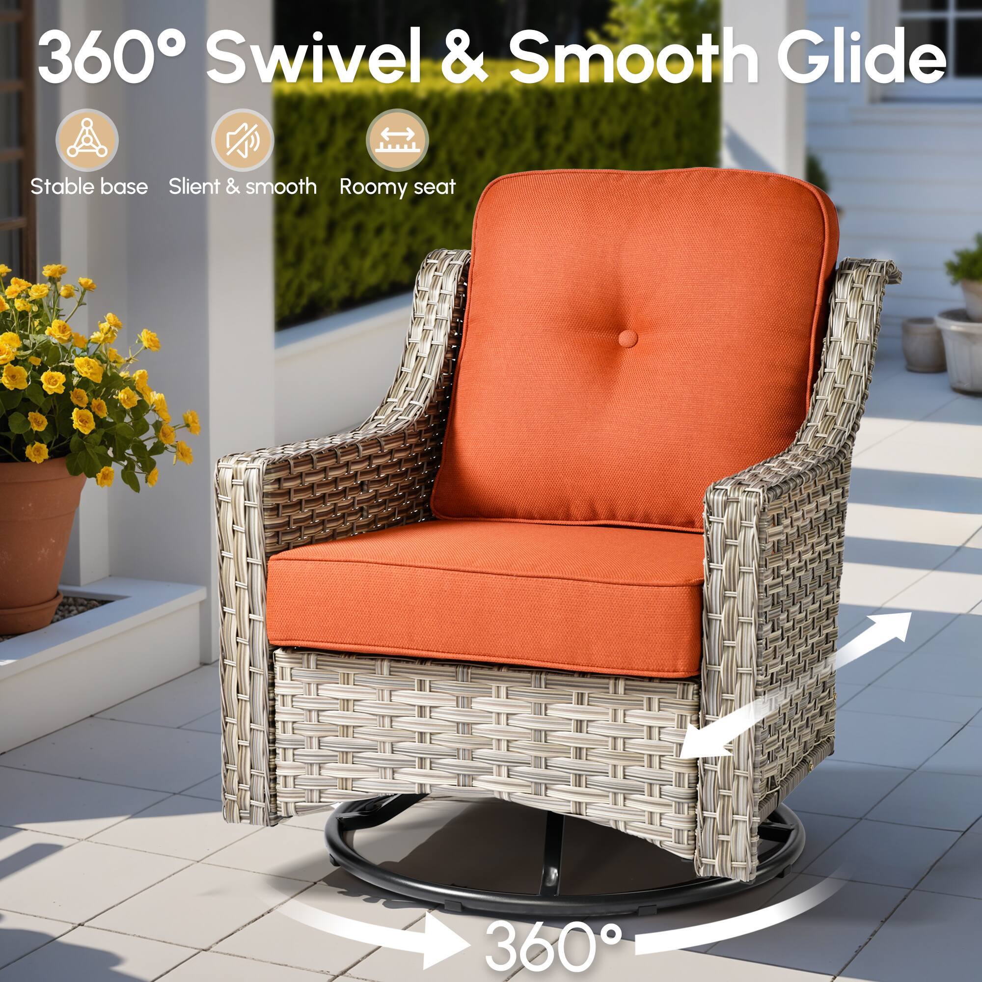 360° Swivel & Smooth Glide

Stable base  
Silent & smooth  
Roomy seat