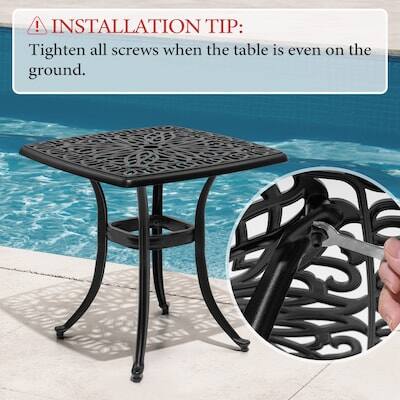 INSTALLATION TIP: Tighten all screws when the table is even on the ground.