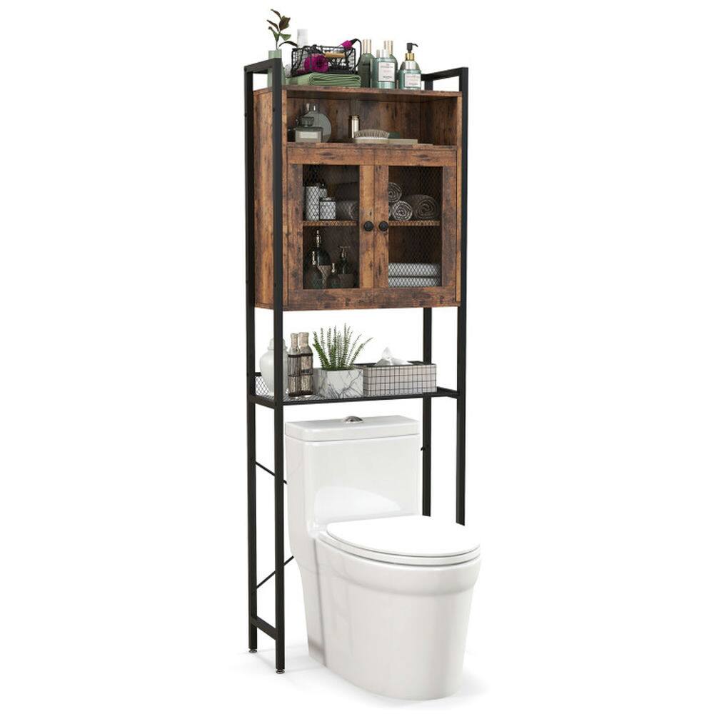 Alt View 1. Pefilos - Over-The-Toilet Built-In Storage Cabinet with Heavy-Duty Metal Frame 2-door Freestanding-Rustic Brown, Bathroom Cabinet - Brown.