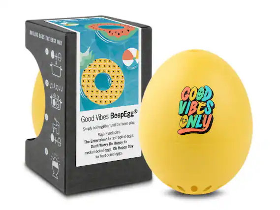 BOILING EGGS THE EAST WAY
Good Vibes BeepEgg
Simply boil together until the tunes play.
Plays 3 melodies:
The Entertainer for soft-boiled eggs,
Don't Worry Be Happy for medium-boiled eggs,
Oh Happy Day for hard-boiled eggs.
GOOD VIBES ONLY