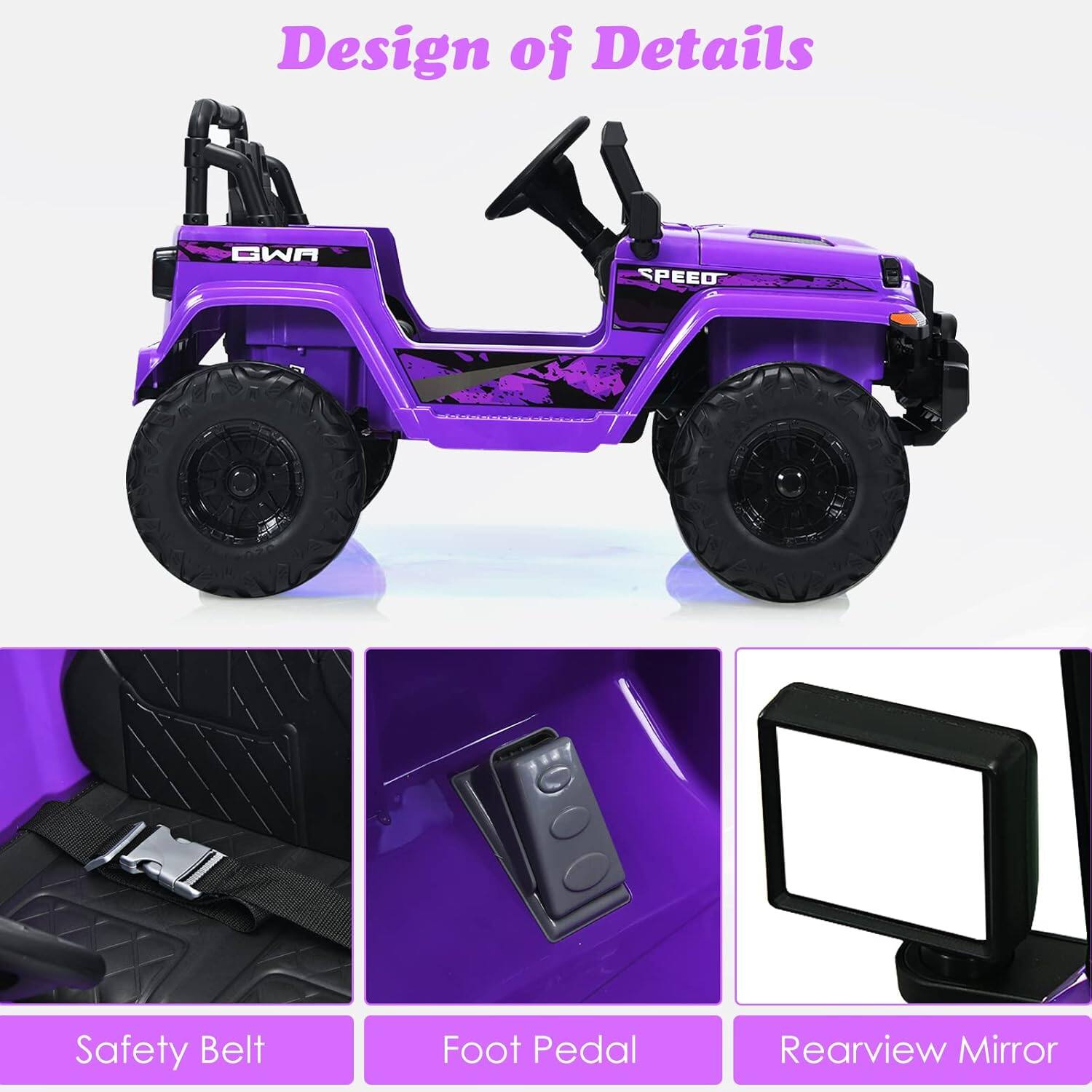 Design of Details

GWA SPEED

Safety Belt

Foot Pedal

Rearview Mirror