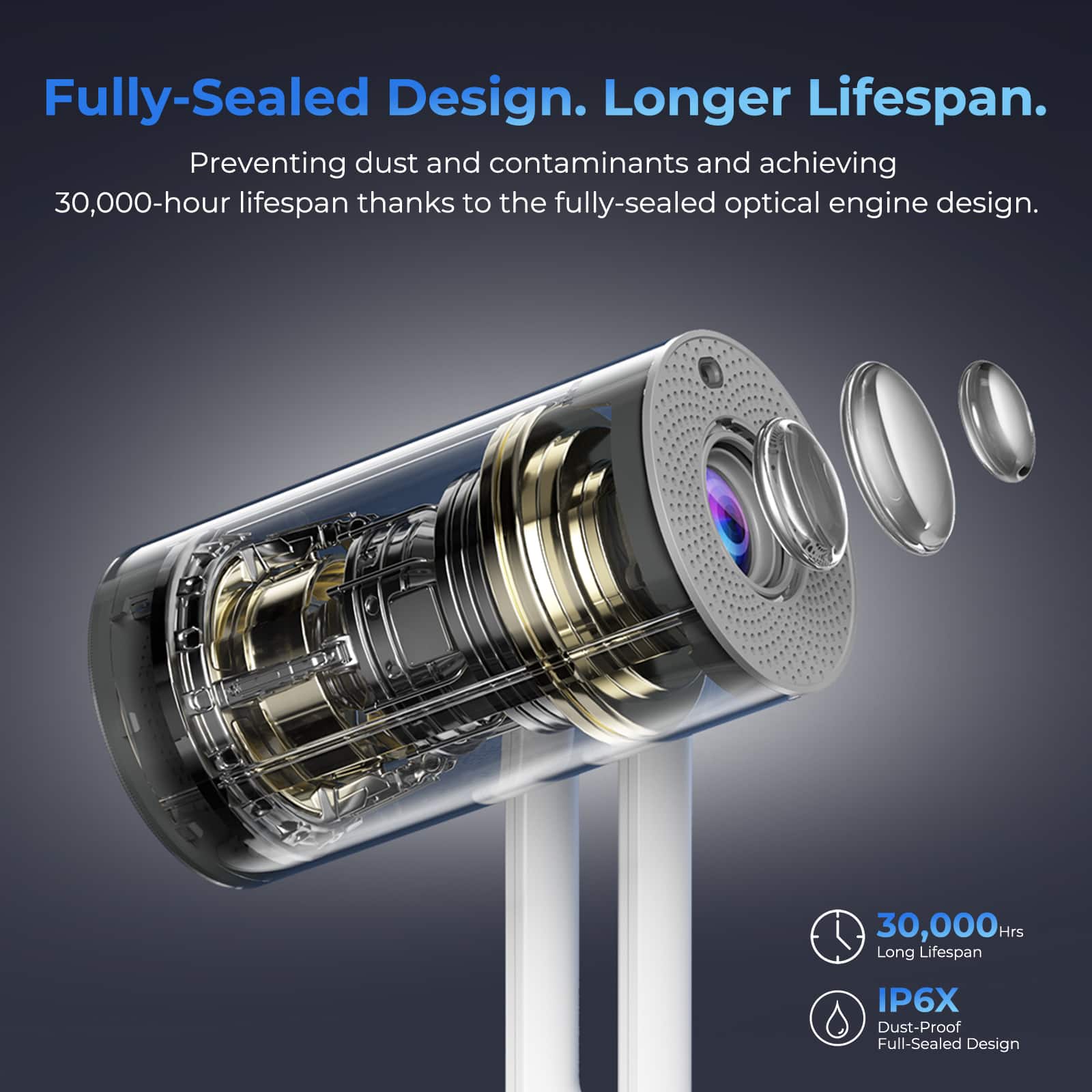 Fully-Sealed Design. Longer Lifespan.
Preventing dust and contaminants and achieving 30,000-hour lifespan thanks to the fully-sealed optical engine design.
30,000 Hrs Long Lifespan
IP6X Dust-Proof Full-Sealed Design