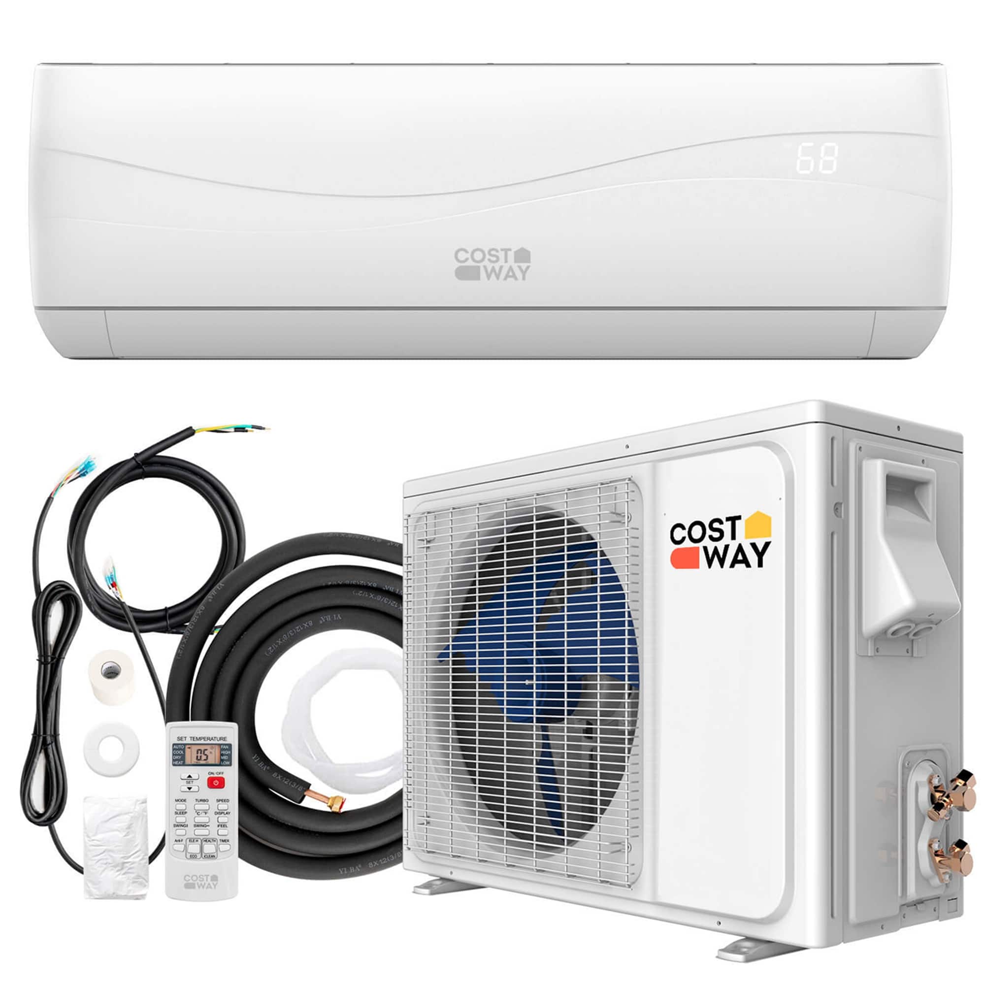 The text on the image reads: "68 COST WAY S chere CKR pu ( COST WAY -- n 05 - . AC EXsEe - d - CONT WAY AC". This text is in French and does not provide any information about the image content. The image features a white air conditioner and its components, such as a fan, thermostat, and wires.