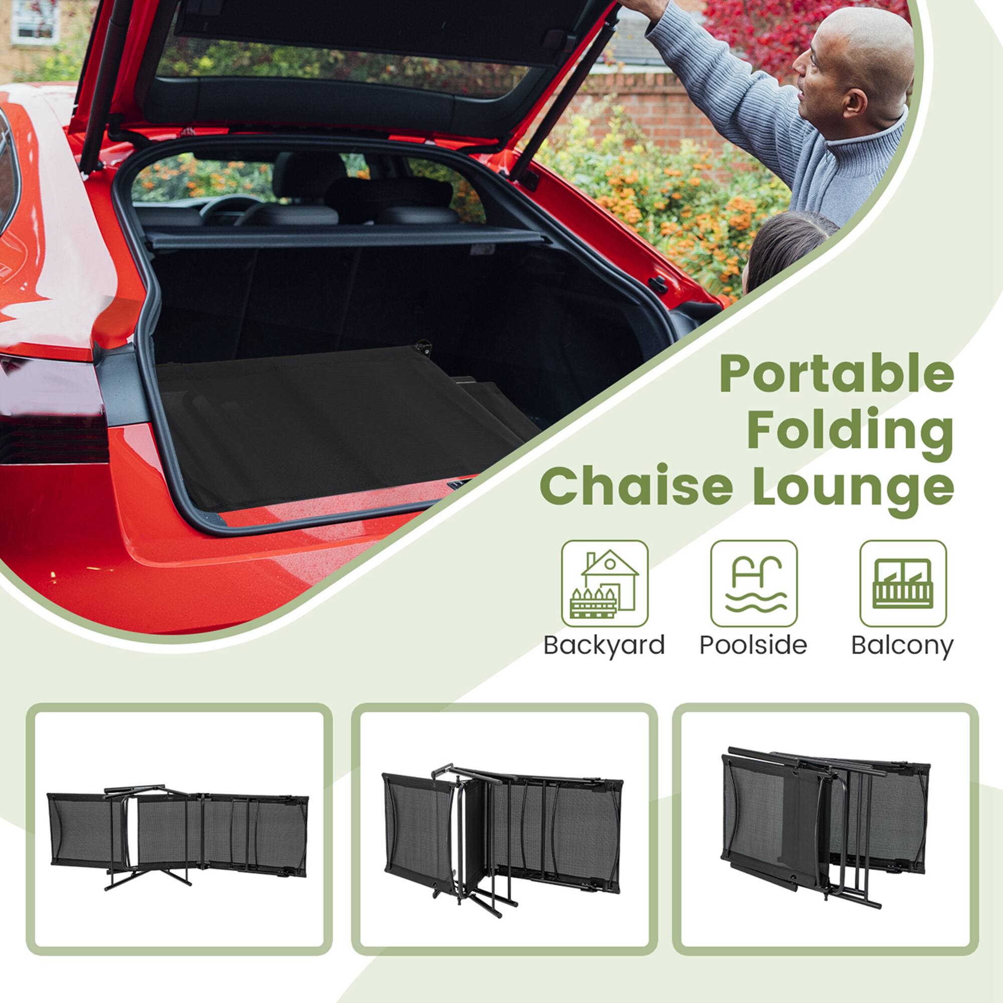 Portable Folding Chaise Lounge for Backyard, Poolside, and Balcony