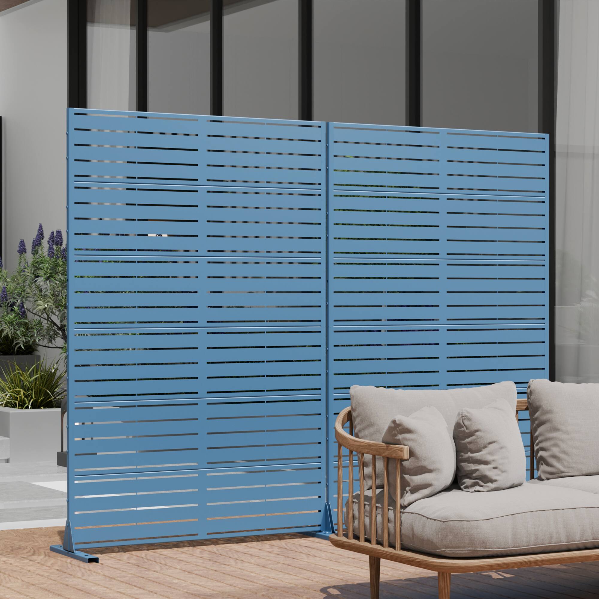 Alt View 2. PexFix - 72 in. x 47 in. Louvered Pattern Metal Outdoor Privacy Screen & Panels, Freestanding Garden Divider Fence - Midnight Blue.