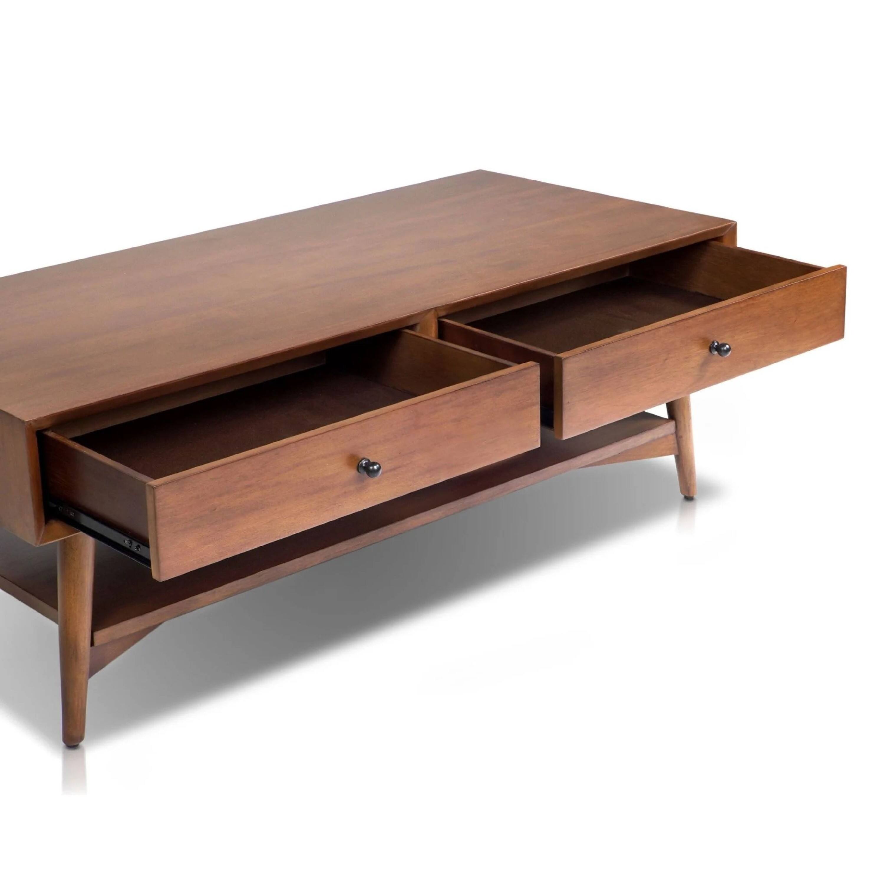 Alt View 2. Manhattan Lane - Ian Coffee Table, 2 Drawers and Shelf, 48 Inch Rectangular - Chestnut Brown, Nickel.