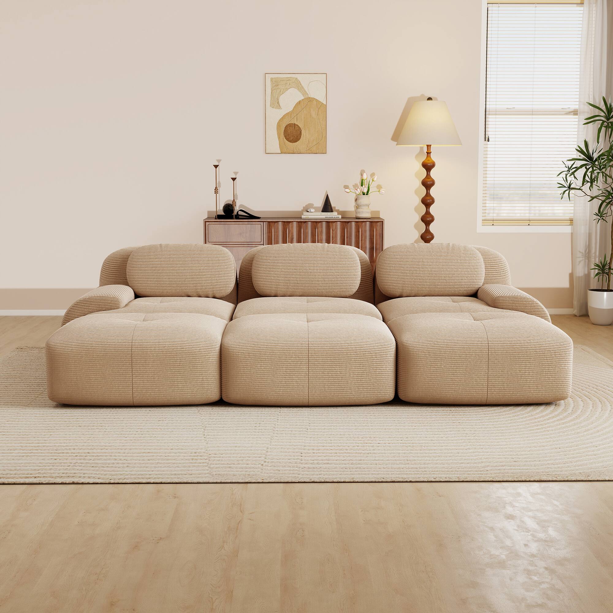 Angle. Aukfa - 3 seats Modular Corduroy Sectional Sofa with Ergonomic Support - Pet Friendly, Easy Assembly, Non-Slip Base Design - Camel.