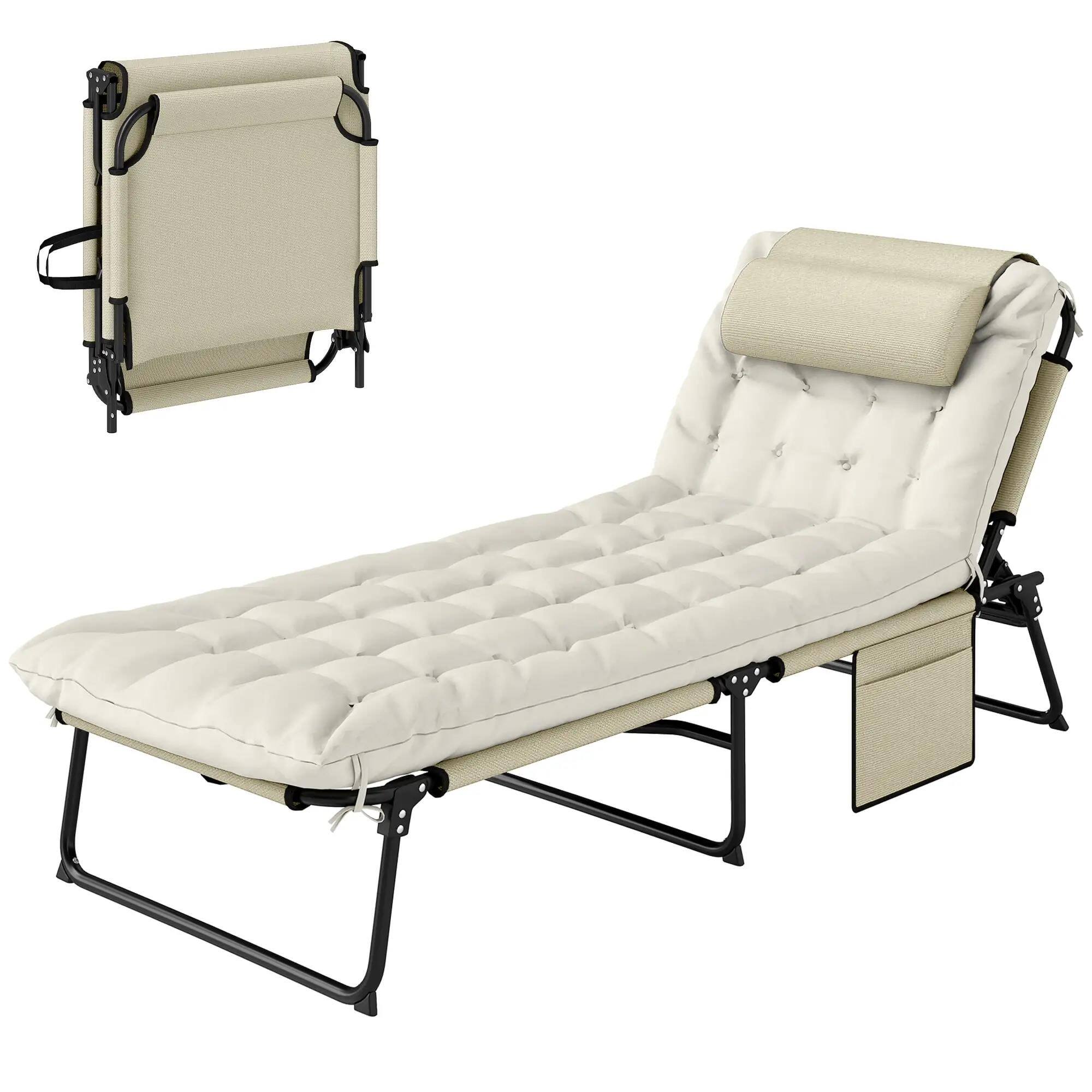 Angle. Resenkos - Resenkos Folding Chaise Lounge Pool Chair With 4-Level Reclining Back, Cushion, Side Pocket, Headrest, Beige - Beige.