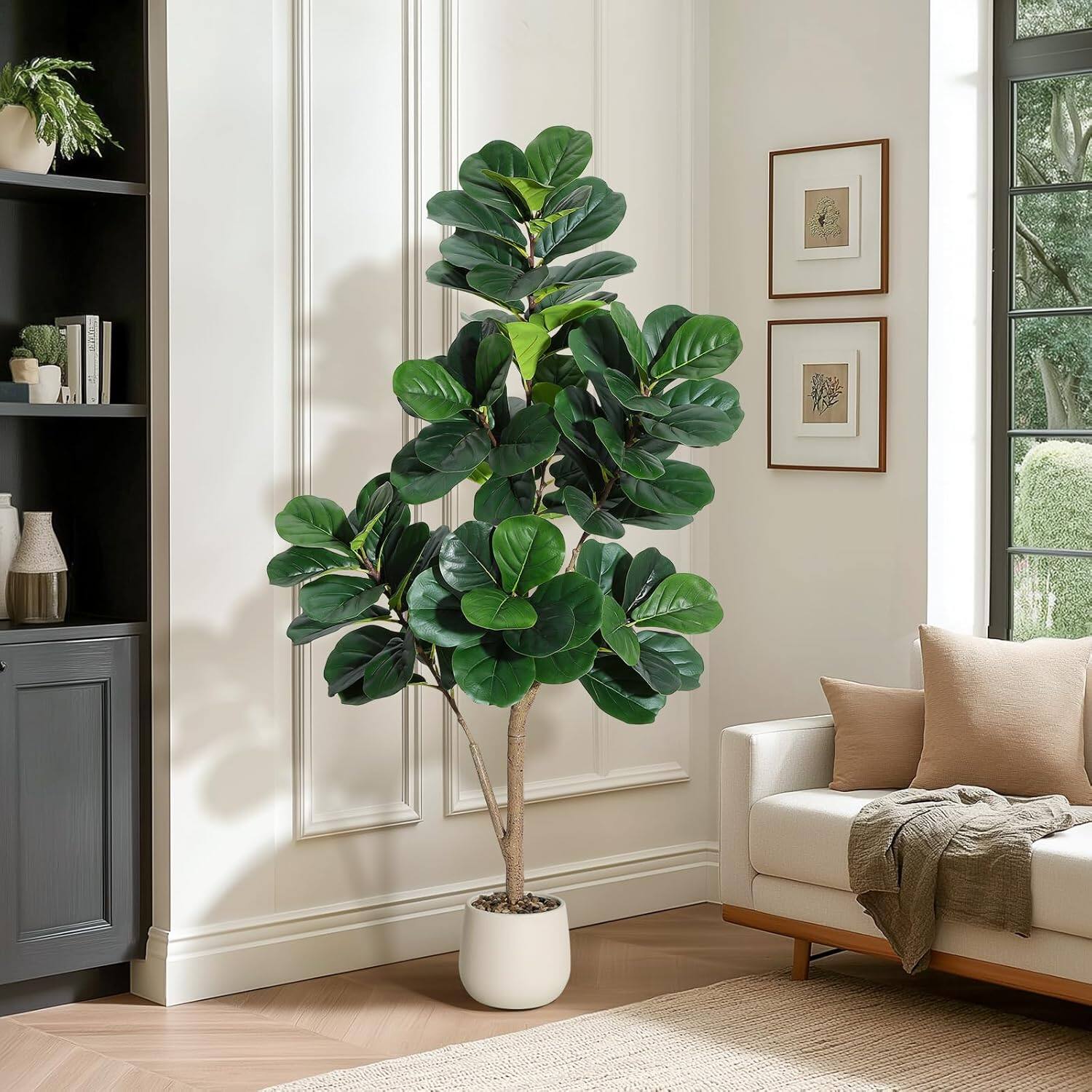 Front. Homhougo - 5FT Fiddle Leaf Fig Tree Artificial with 77 Leaves - Realistic Faux Ficus Lyrata Trees in 7.8" White Planter Pot - Green.