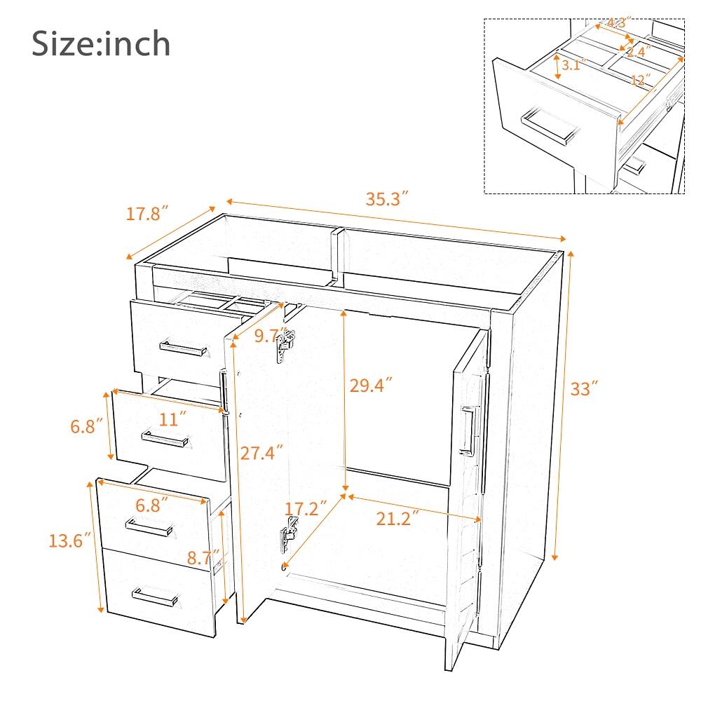 Size: inch

3.1
43 4 12"
17.8"
35.3"
9.7
6.8"
11"
27.4"
29.4"
33"
13.6"
6.8" 8.7"
17.2"
21.2"