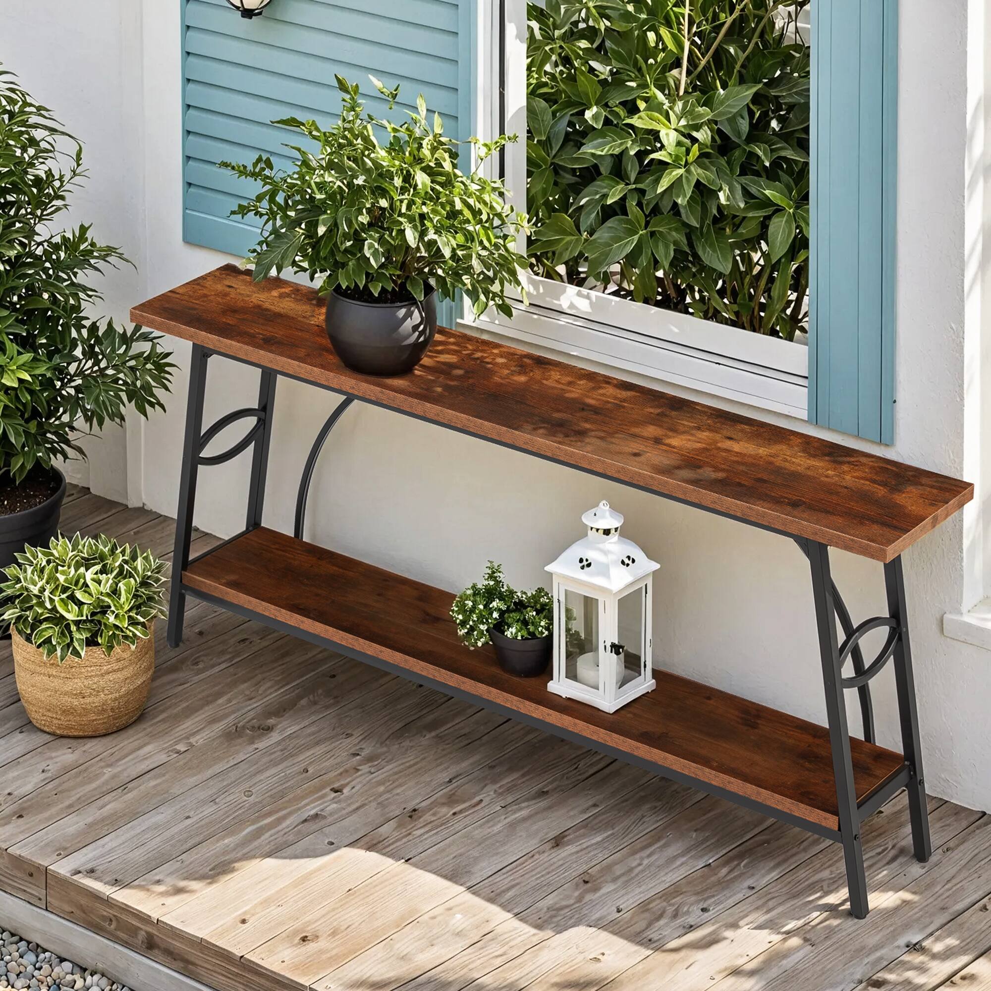 Angle. U-HOMY - Narrow Entryway Console Table with Half Round Frame & Shelves: 31.5" Height for Hallway or Behind Sofa - Wood Color.