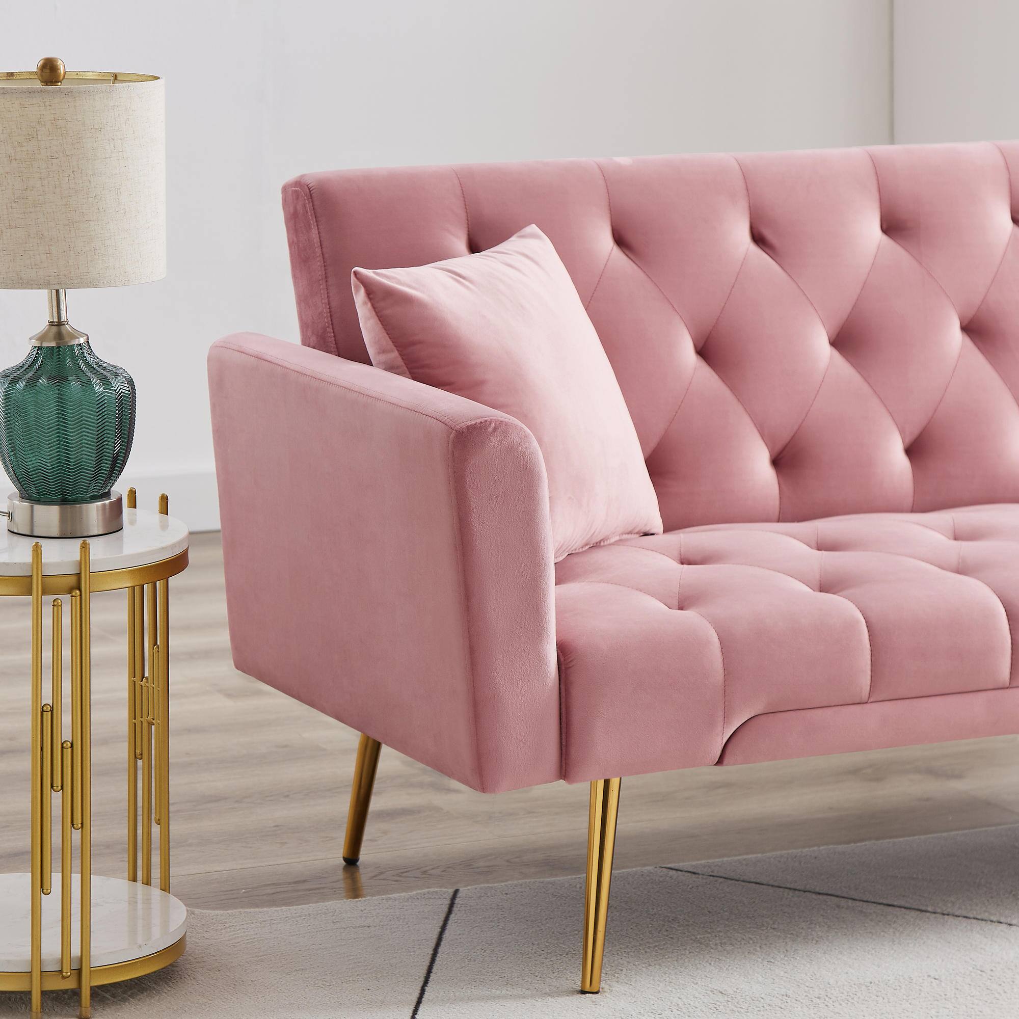 Alt View 4. Meqiodas - Convertible Sofa Bed Modern Futon Set, Velvet Foldable Reclining Loveseat, Three Adjustment Angles, Easy Assembly - PINK.