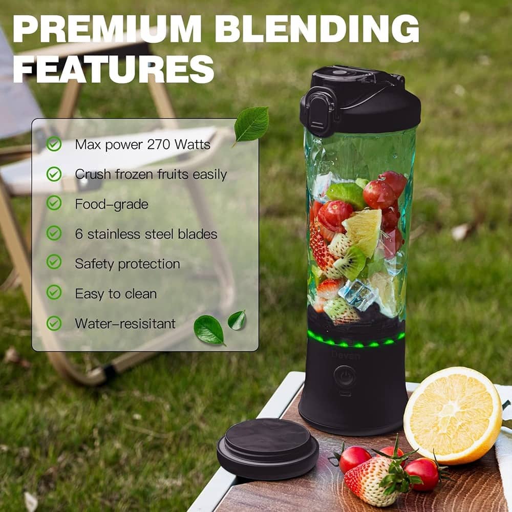Schertz - Portable Blender for Shakes and Smoothies, 20oz BPA-Free Blender Cup with Travel Lid, Waterproof and Compact - Black