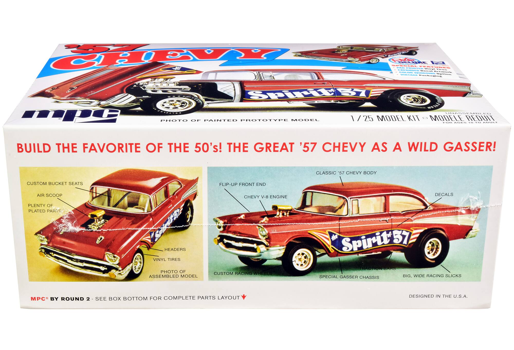 CREY BVa LLIRE Edidr O. CO - .....  A.RMES  Cddke  CE WES C..E I..N PE mpe SpT Latro FAE4 UNASSEMBLED . 1/25 MODEL KIT . MODELE REDUIT PHOTO ... PAINTED PROTOTYPE MODEL ..... COCa .. ... .... BUILD THE FAVORITE OF THE 50's! THE GREAT '57 CHEVY AS A WILD GASSER! CLASSIC 57 CHEVY BODY CUSTOM BUCKET SEATS FLIP-UP FRONT END AIR SCOOP CHEVY V-8 ENGINE DECALS PLENTY OF PLATED PARTS VINYL TIRES PHOTO OF ASSEMBLED MODEL CUSTOM RACING WHEELS Spirit'5 57 TRACTION BARS SPECIAL GASSER CHASSIS BIG. WIDE RAGING SLICKS MPC BY ROUND 2 SEE BOX BOTTOM FOR COMPLETE PARTS LAYOUT DESIGNED IN THE U.S.A.