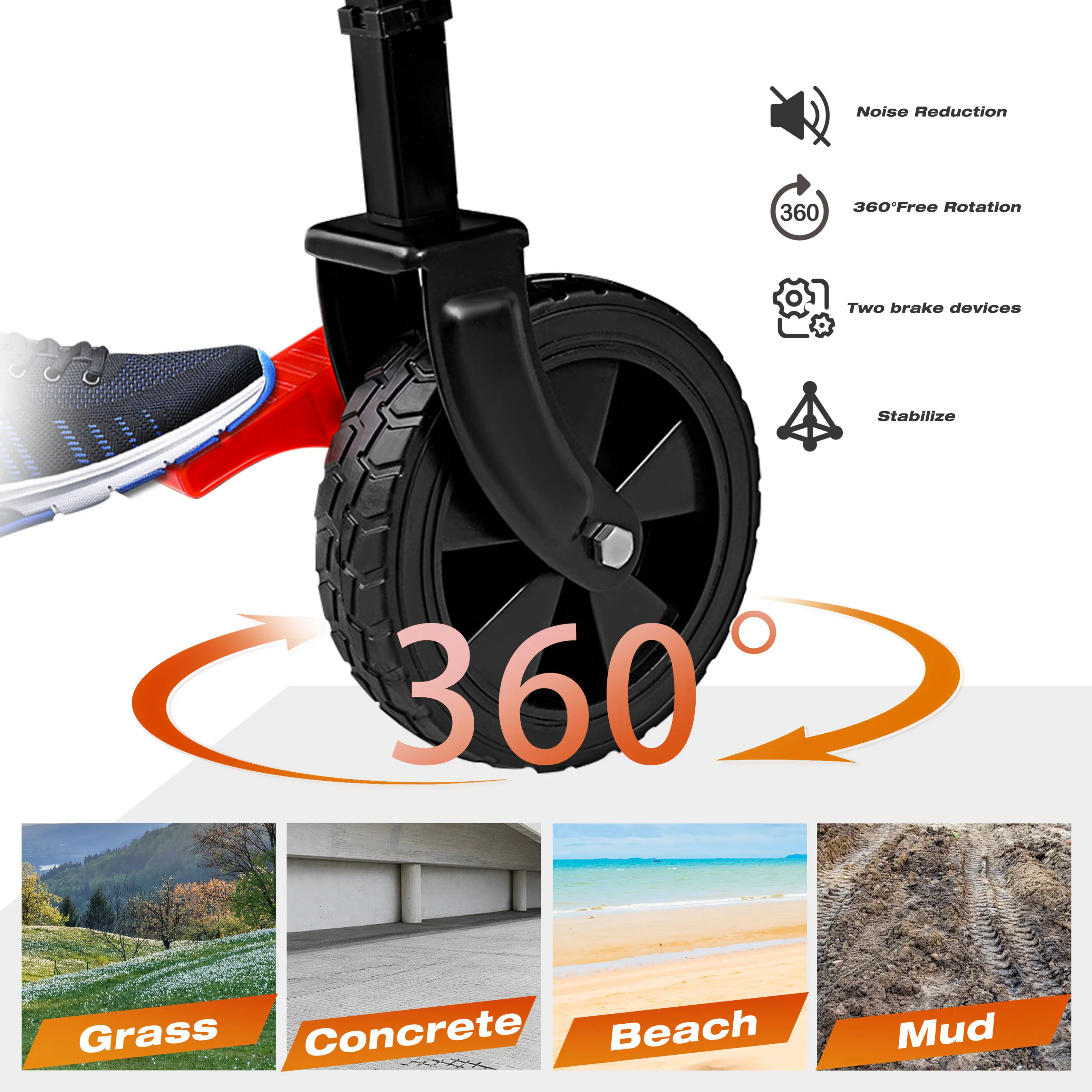 - Noise Reduction
- 360° Free Rotation
- Two brake devices
- Stabilize
- 360°
- Grass
- Concrete
- Beach
- Mud