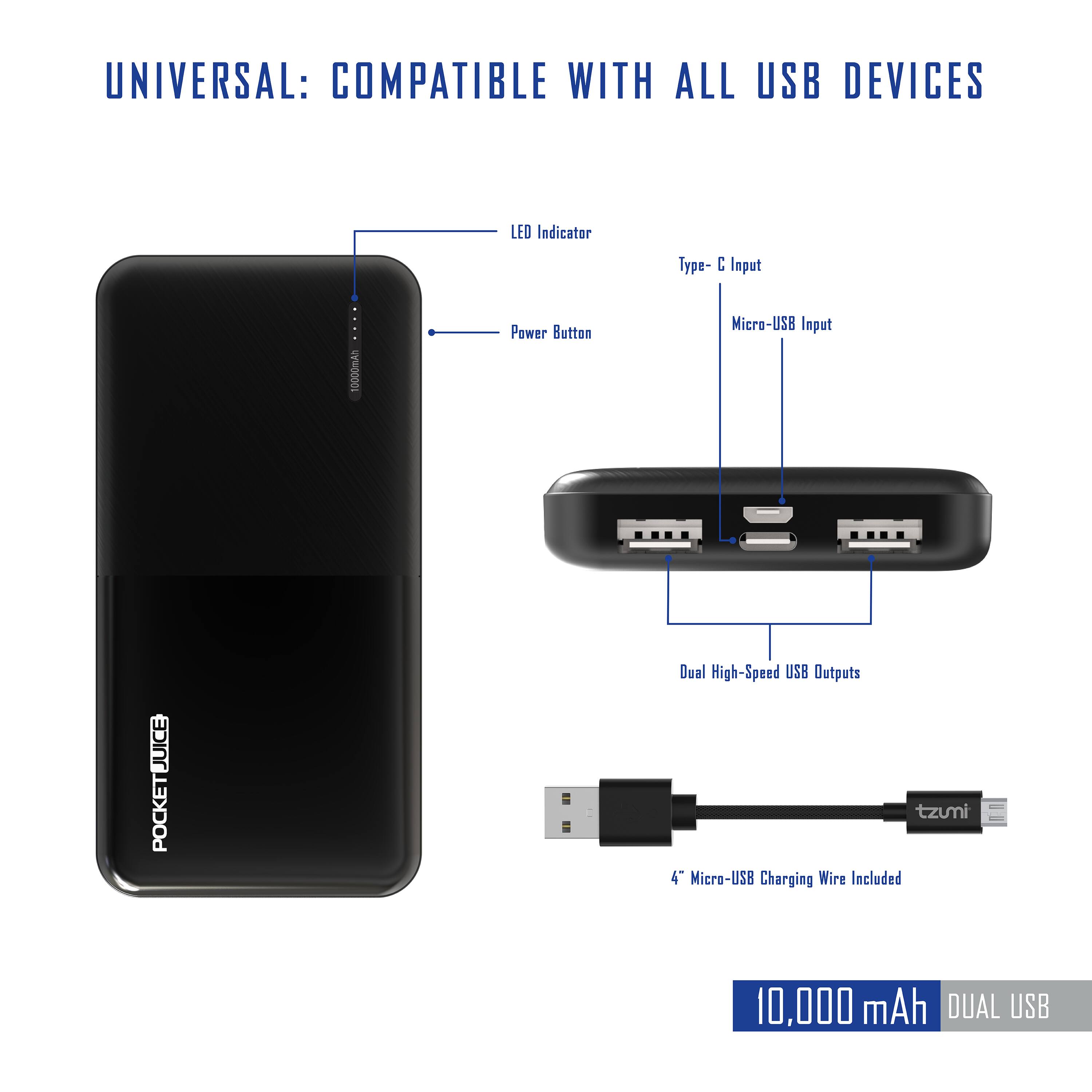UNIVERSAL: COMPATIBLE WITH ALL USB DEVICES

- LED Indicator
- Power Button
- Type-C Input
- Micro-USB Input
- Dual High-Speed USB Outputs
- 4' Micro-USB Charging Wire Included

10,000 mAh DUAL USB