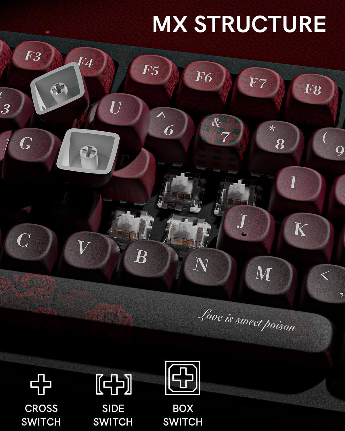 MX STRUCTURE

F3  F4  F5  F6  F7  F8

U  6  7  8  9  I  J  K  N  M

Love is sweet poison

CROSS SWITCH SIDE SWITCH BOX SWITCH