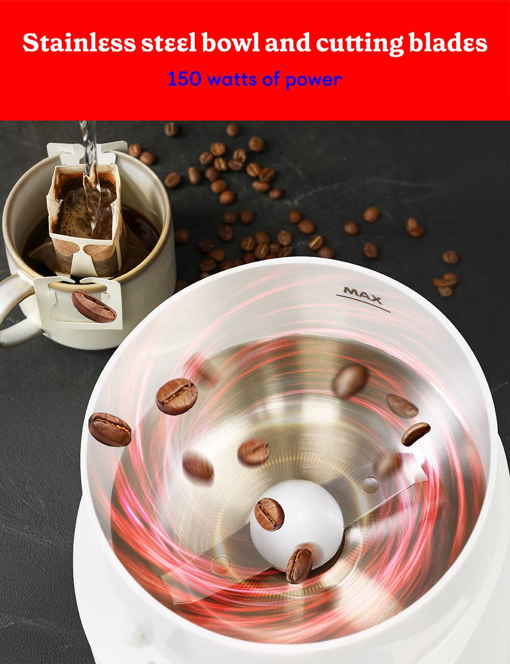 Stainless steel bowl and cutting blades  
150 watts of power