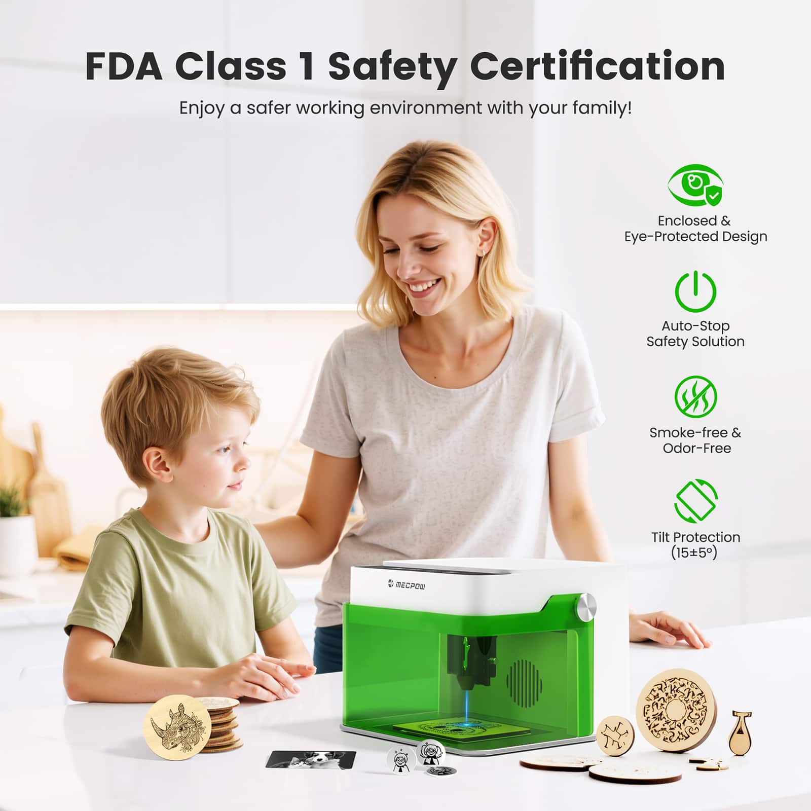 FDA Class 1 Safety Certification
Enjoy a safer working environment with your family!
- Enclosed & Eye-Protected Design
- Auto-Stop Safety Solution
- Smoke-free & Odor-Free
- Tilt Protection (15°+5°)