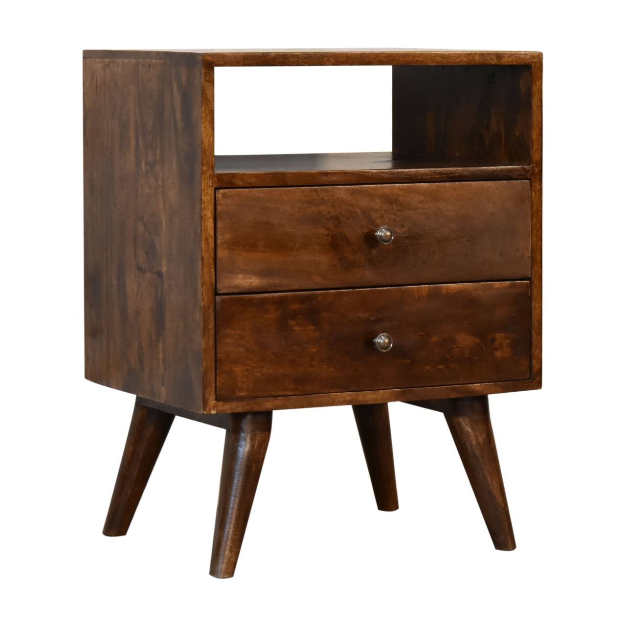 Back. Artisan Furniture - Artisan Furniture Solid Wood Classic Chestnut Nightstand, 2 Drawers, 1 Open slot, Nordic Legs, Dark Brown - Chestnut.