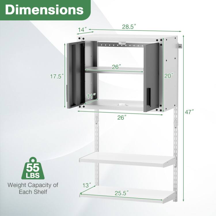 Dimensions: 14" x 28.5" x 17.5" x 26" x 20" x 11" x 26" x 47"  
Weight Capacity of Each Shelf: 55 LBS