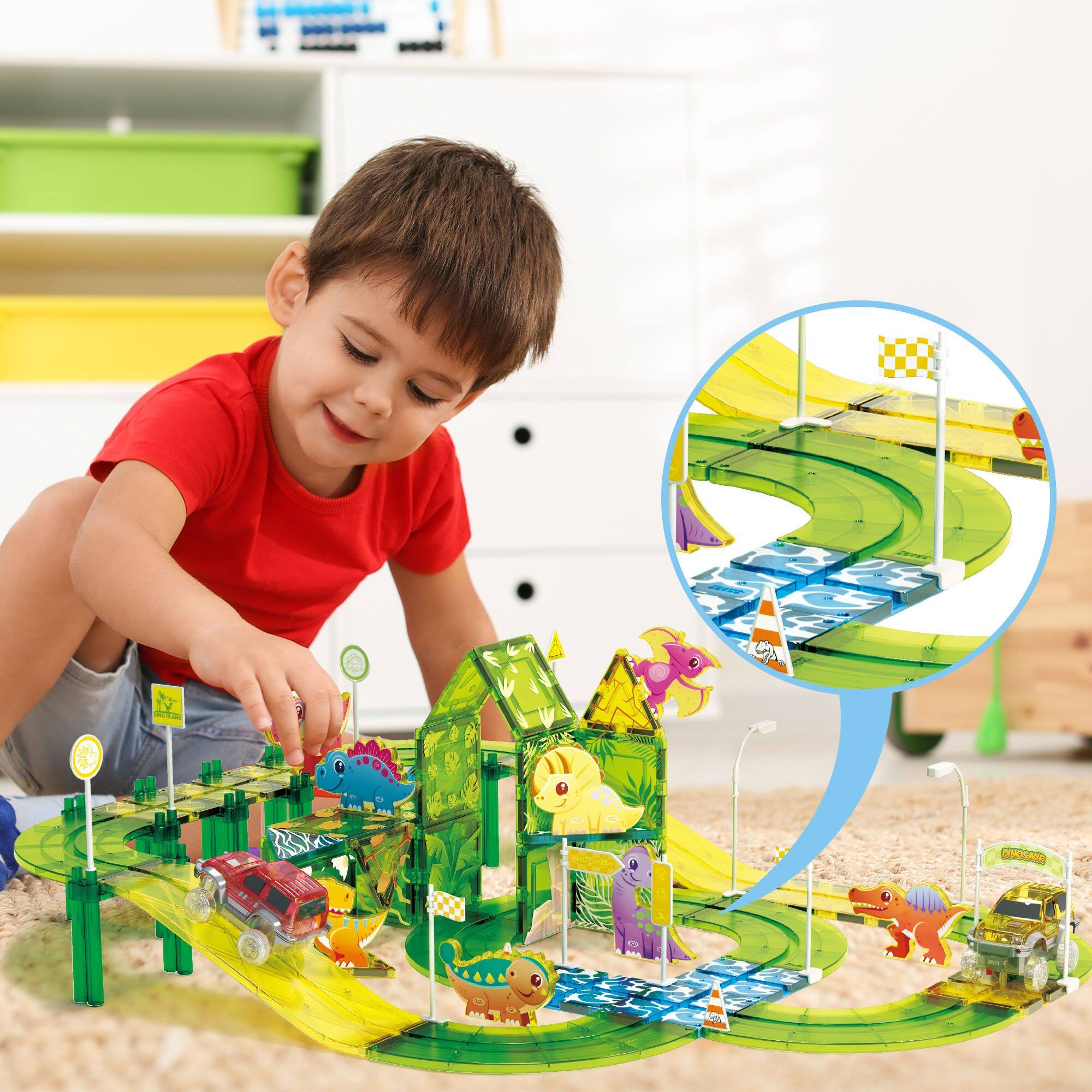 Alt View 6. PicassoTiles - PICASSO-TILES Race Track Magnetic Tiles for Kids, 89PCS with 2 Racing Cars, Dinosaur Theme STEM Building Blocks Toy - Multicolor.