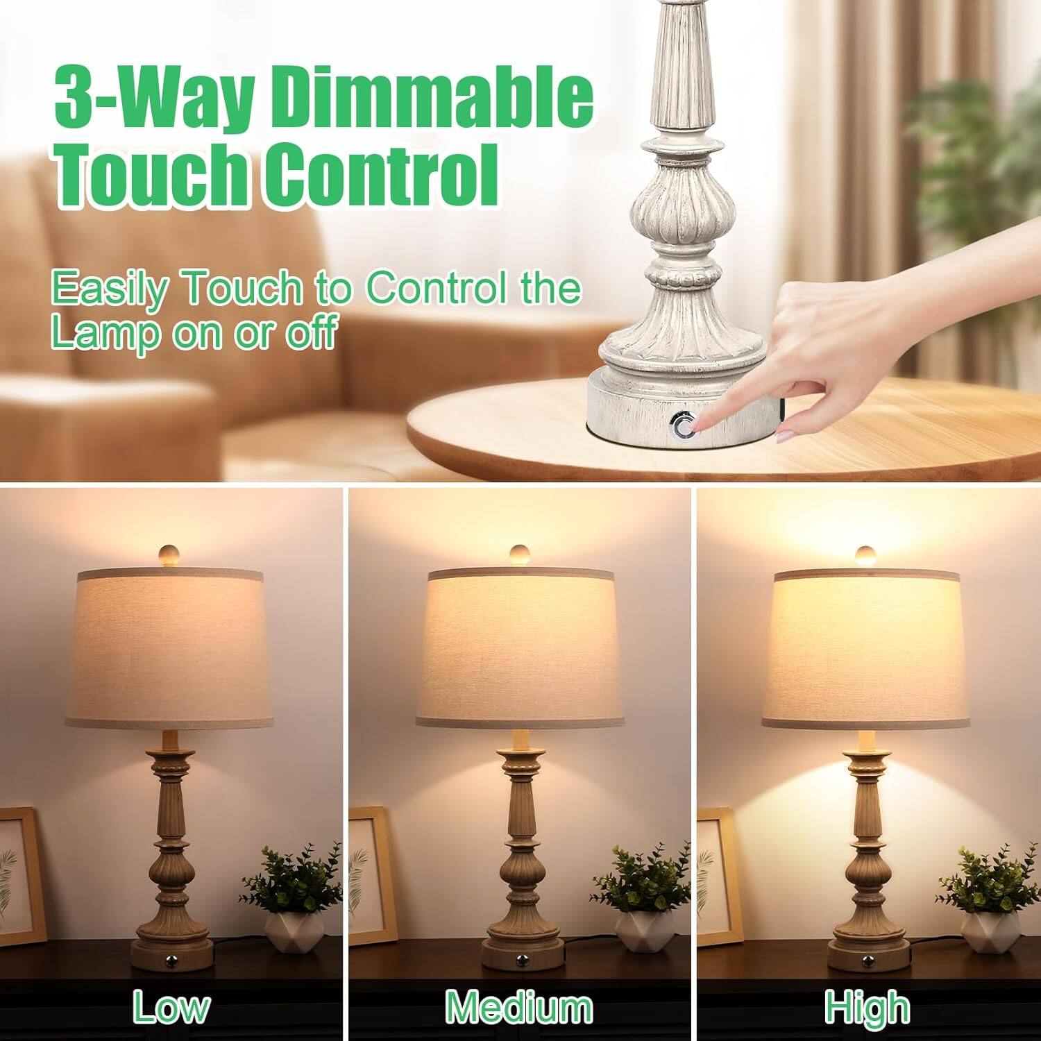 3-Way Dimmable Touch Control

Easily Touch to Control the Lamp on or off

Low  
Medium  
High