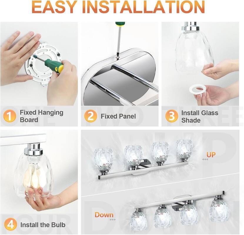 EASY INSTALLATION

1. Fixed Hanging Board
2. Fixed Panel
3. Install Glass Shade
4. Install the Bulb

Shade UP Down