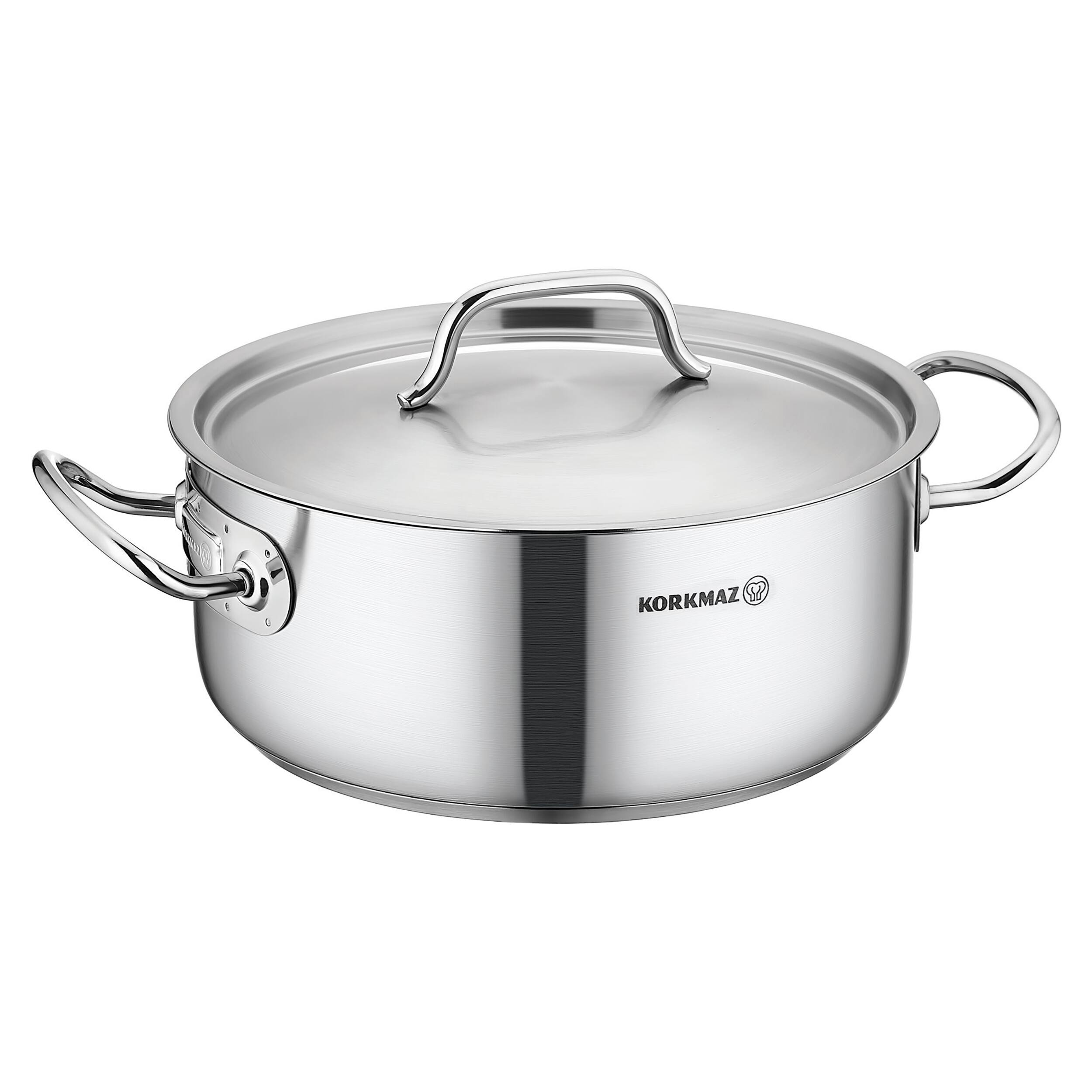 Front. Korkmaz - Korkmaz Gastro Proline 4.5 Liter Stainless Steel Low Casserole with Lid in Silver - Silver.