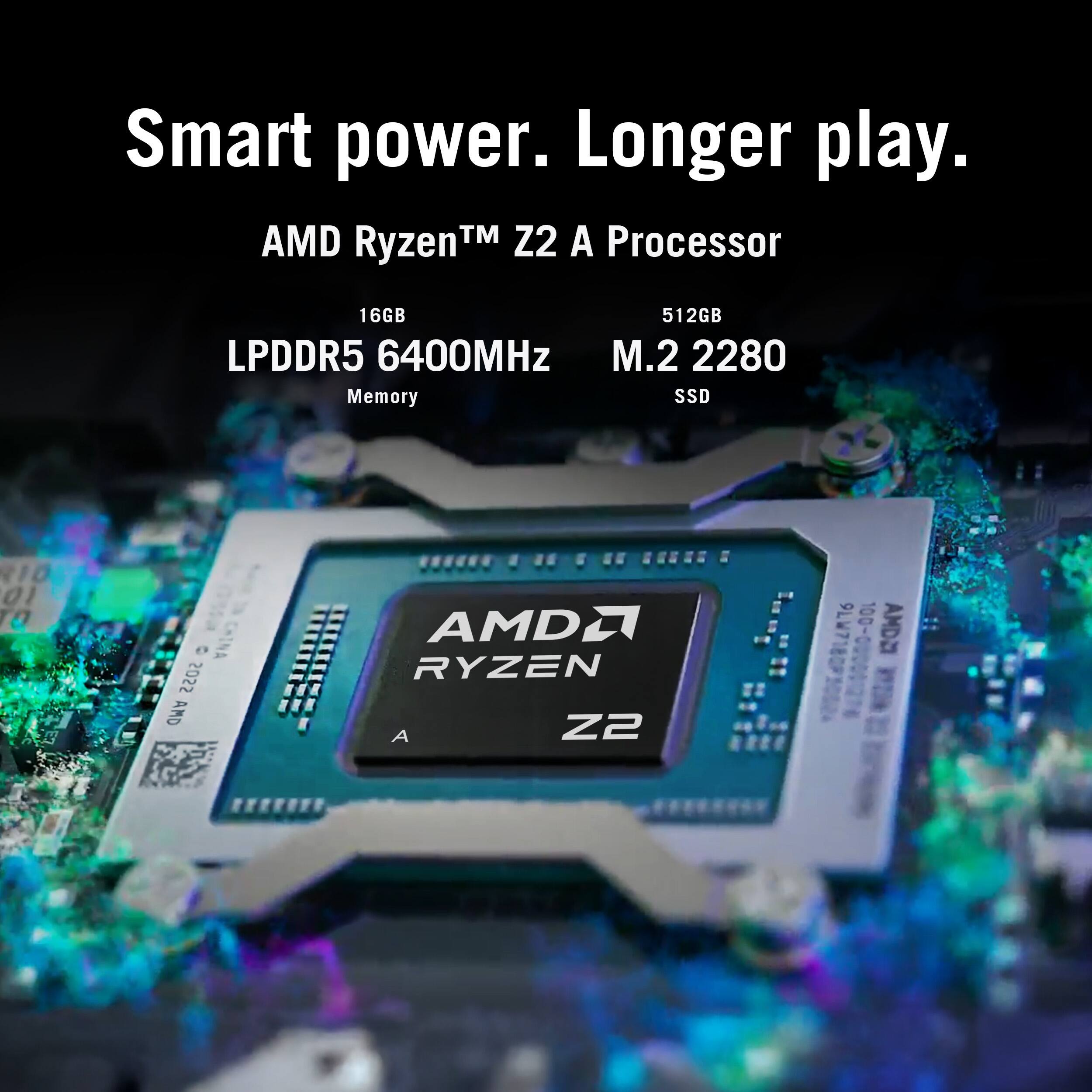 Smart power. Longer play.  
AMD Ryzen™ Z2 A Processor  
16GB LPDDR5 6400MHz Memory  
512GB M.2 2280 SSD