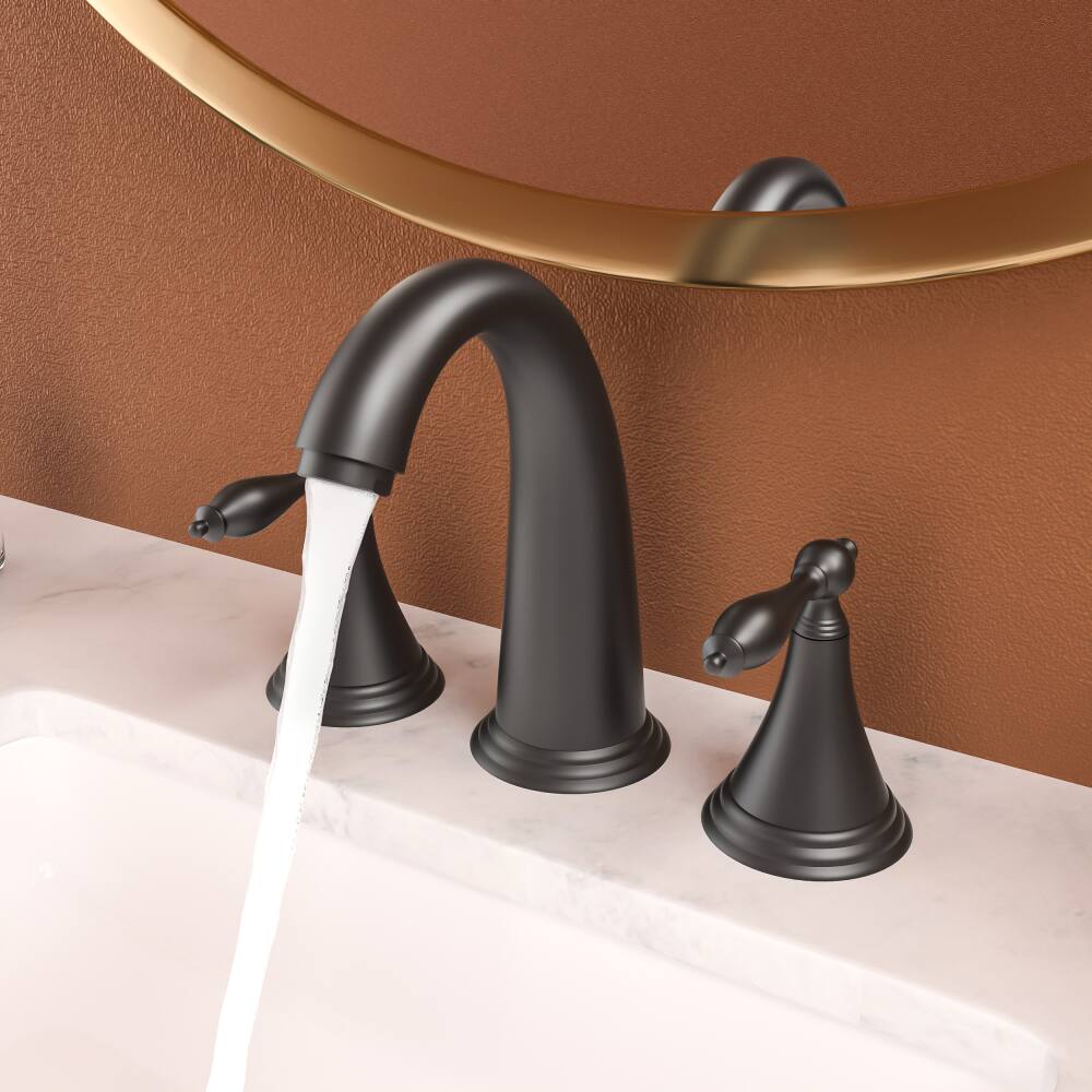 Left. JUJABU - 2 Handle Widespread Bathroom Faucet 3 Hole with Pop Up Drain and 2 Water Supply Lines, Matte Black - Matte Black.