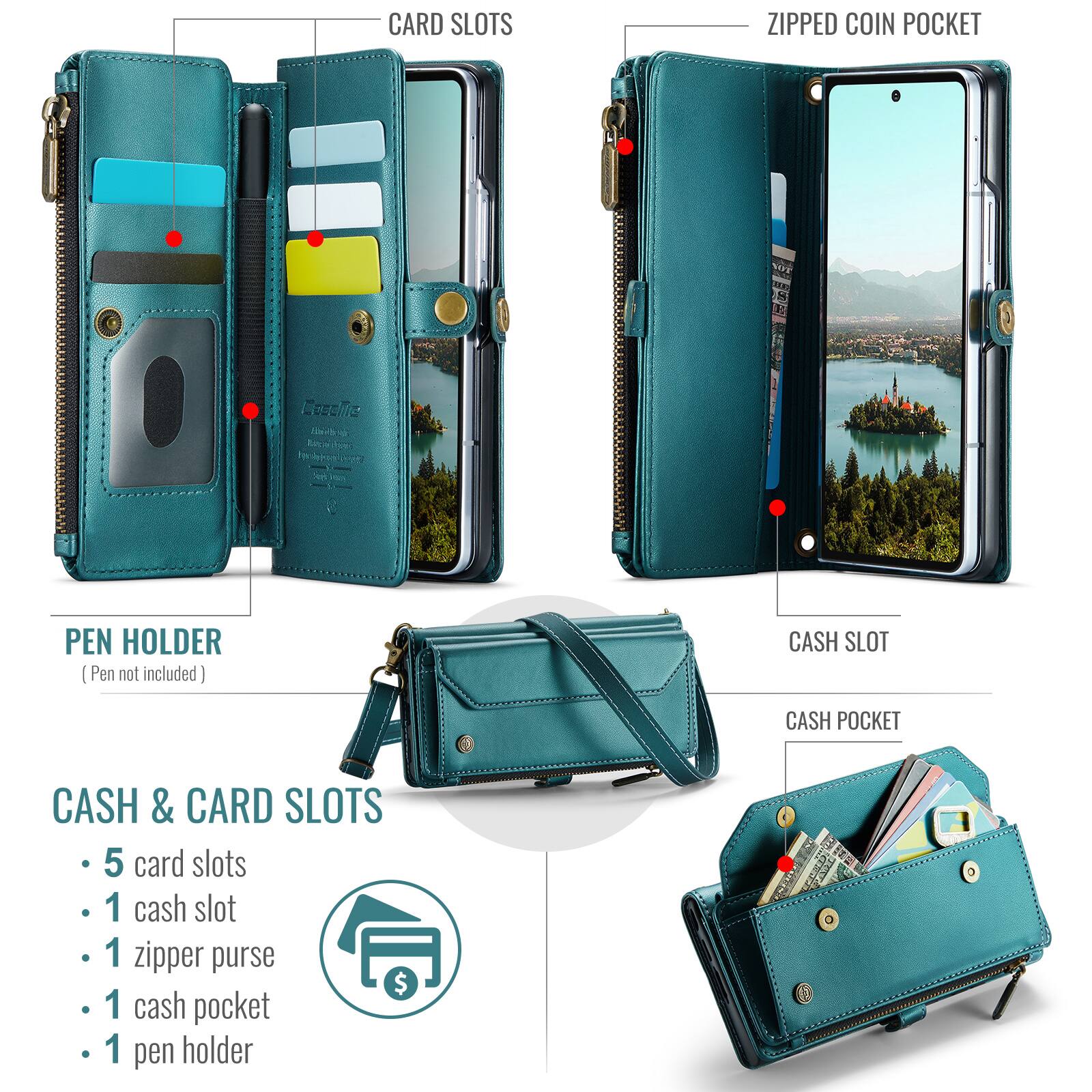 CARD SLOTS  
ZIPPED COIN POCKET  
PEN HOLDER (Pen not included)  
CASH SLOT  
CASH POCKET  

CASH & CARD SLOTS  
- 5 card slots  
- 1 cash slot  
- 1 zipper purse  
- 1 cash pocket  
- 1 pen holder