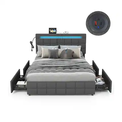 Front. Ecooso - Upholstered LED Bed Frame with Headboard and 4 Storage Drawers - Gray.