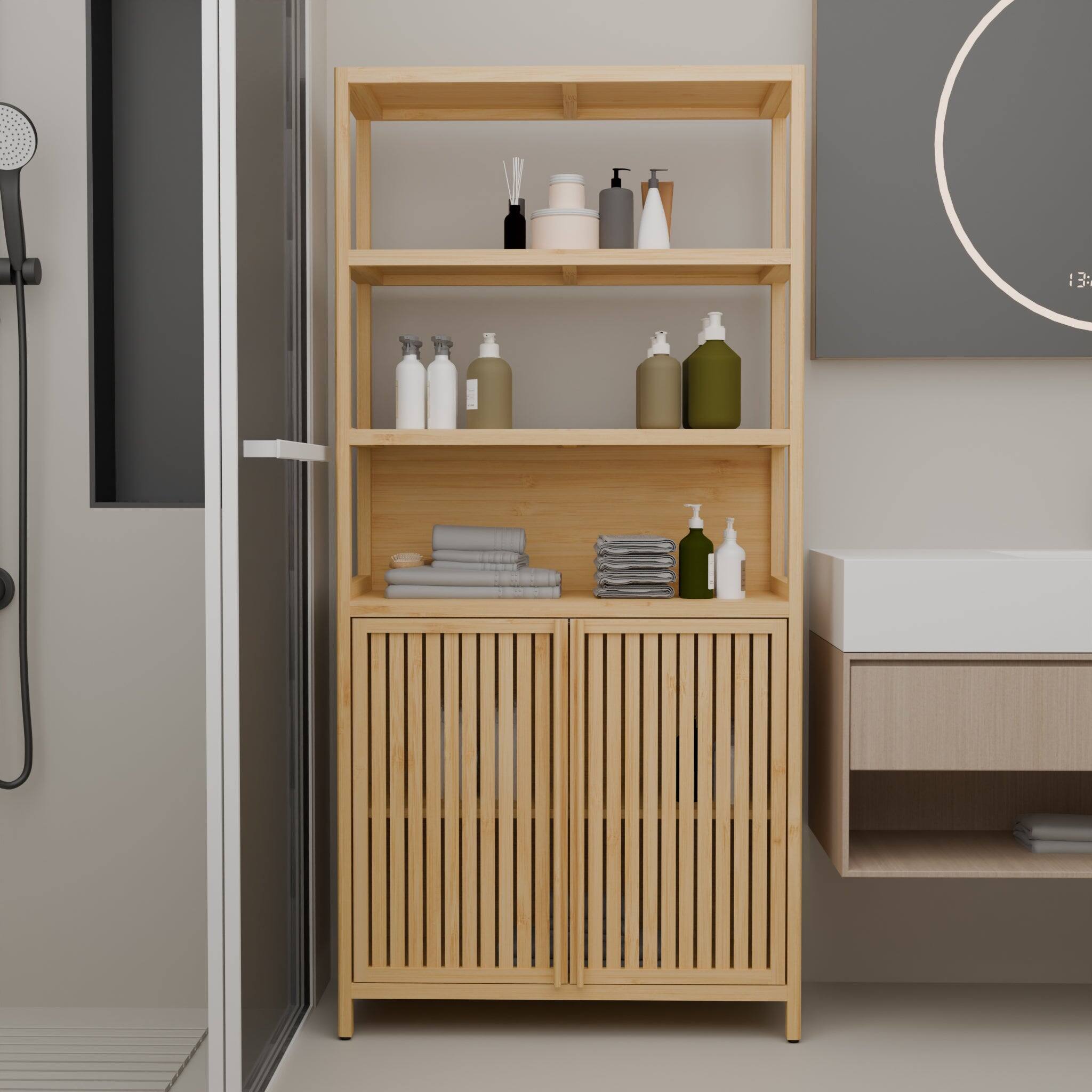 Alt View 1. Boyel Living - Sixty Four Inch Tall Bamboo Storage Cabinet with Double Doors Drawers and Adjustable Shelves - Natural.