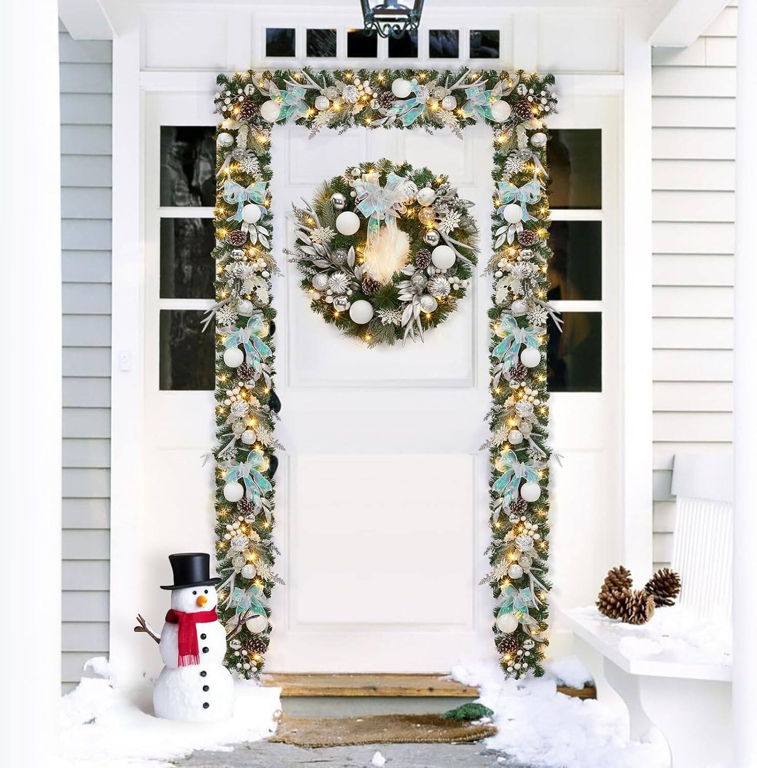 Alt View 5. GARVEE - 24 Inch Decoration Silver White Christmas Wreath with Iridescent Ribbon and Antlers, Christmas Balls, Pine Needles - Green.